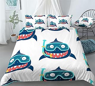 REALIN Ocean Shark Print Bedding Cartoon Shark Print Duvet Cover Set Girl Boy Kids Bed Sets 2/3/4PCS Quilt Covers/Sheets/Pillow Shams,Twin/Full/Queen/King (A,Full-200x229cm-4PCS)