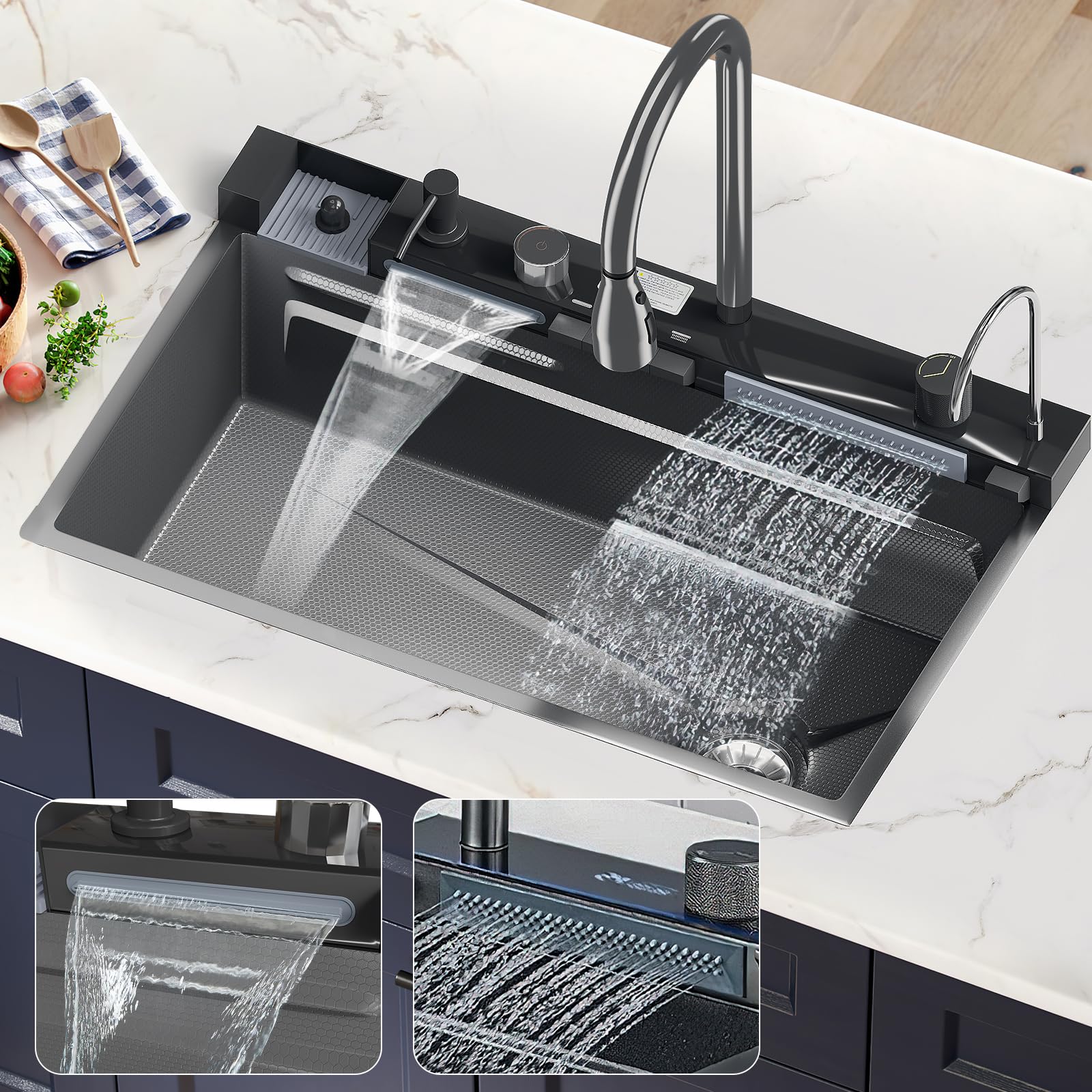 Fregadero de cocina, fregadero de cocina inoxidable con escurridor, pantalla LED, grifo cascada, doble riel deslizante, dispensador de jabón, para hogar y profesional, 75 x 45 cm