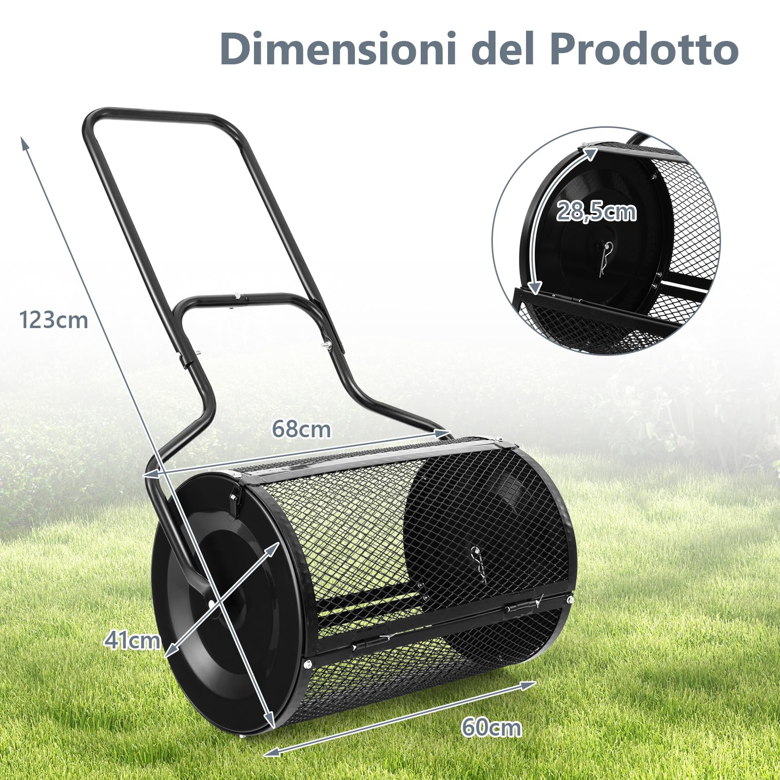 COSTWAY Spandiconcime a Rullo, Rullo da Giardino con Impugnatura Pratica Chiusure Laterali e Rete in Metallo per Concimazione e Semina, Spandiconcime per Prato e Giardino (41 x 60 cm Nero)