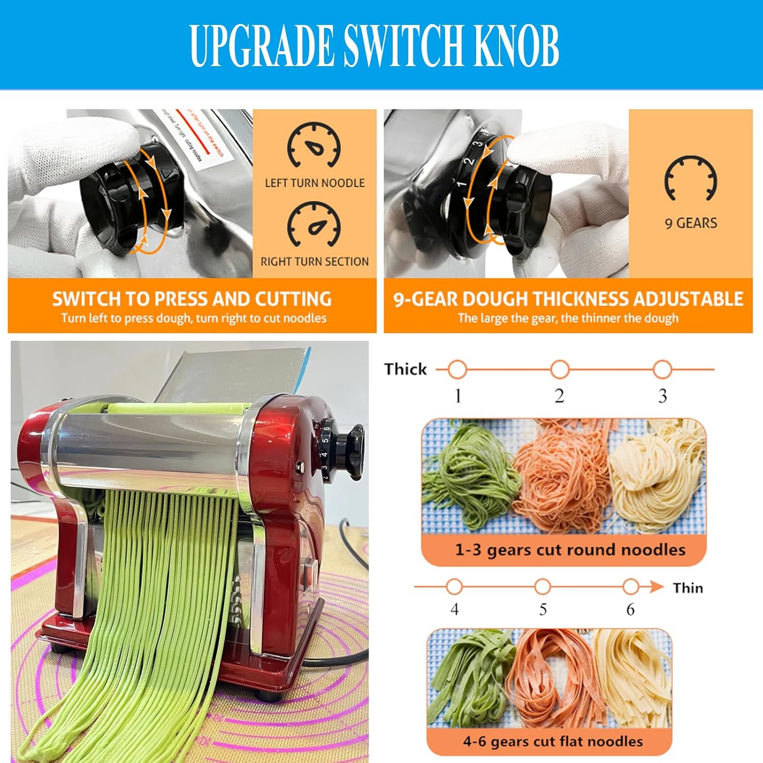 Electric Household Pasta Maker Automatic Noodle Maker Machine Dough Pressing Spaghetti Roller 2-in-1 Stainless Steel for Home Commercial Use Cut 2.5mm Round & Flat Noodle (2.5mm Noodle Blade)