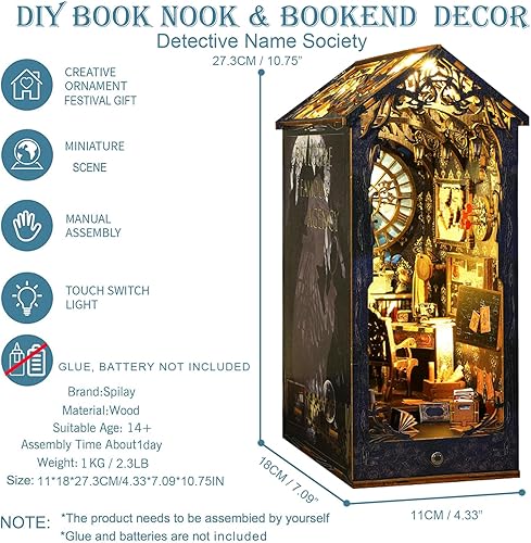 Miniatura 4 de Spilay Kit de ensamblaje de rincón de libros en miniatura para casa de muñecas DIY, rompecabezas de madera 3D, estantería decorativa con luz sensor,