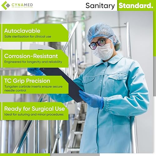 Miniatura 7 de Cynamed TC Mayo Hegar - Soporte para aguja/sutura con insertos de carburo de tungsteno y anillos de oro, instrumento de grado premium (7 pulgadas)