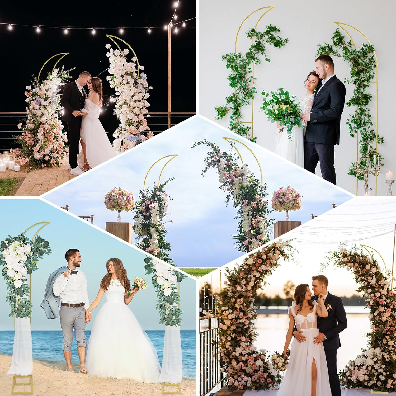 Metal Arch Backdrop Stand, Gold Curved Top Wedding Arch Set of 2 (6.85 FT/6.5 FT) Half Moon Wedding Arches Frames for Ceremony, Baby Shower,Birthday Party, Anniversary Graduation Decorations