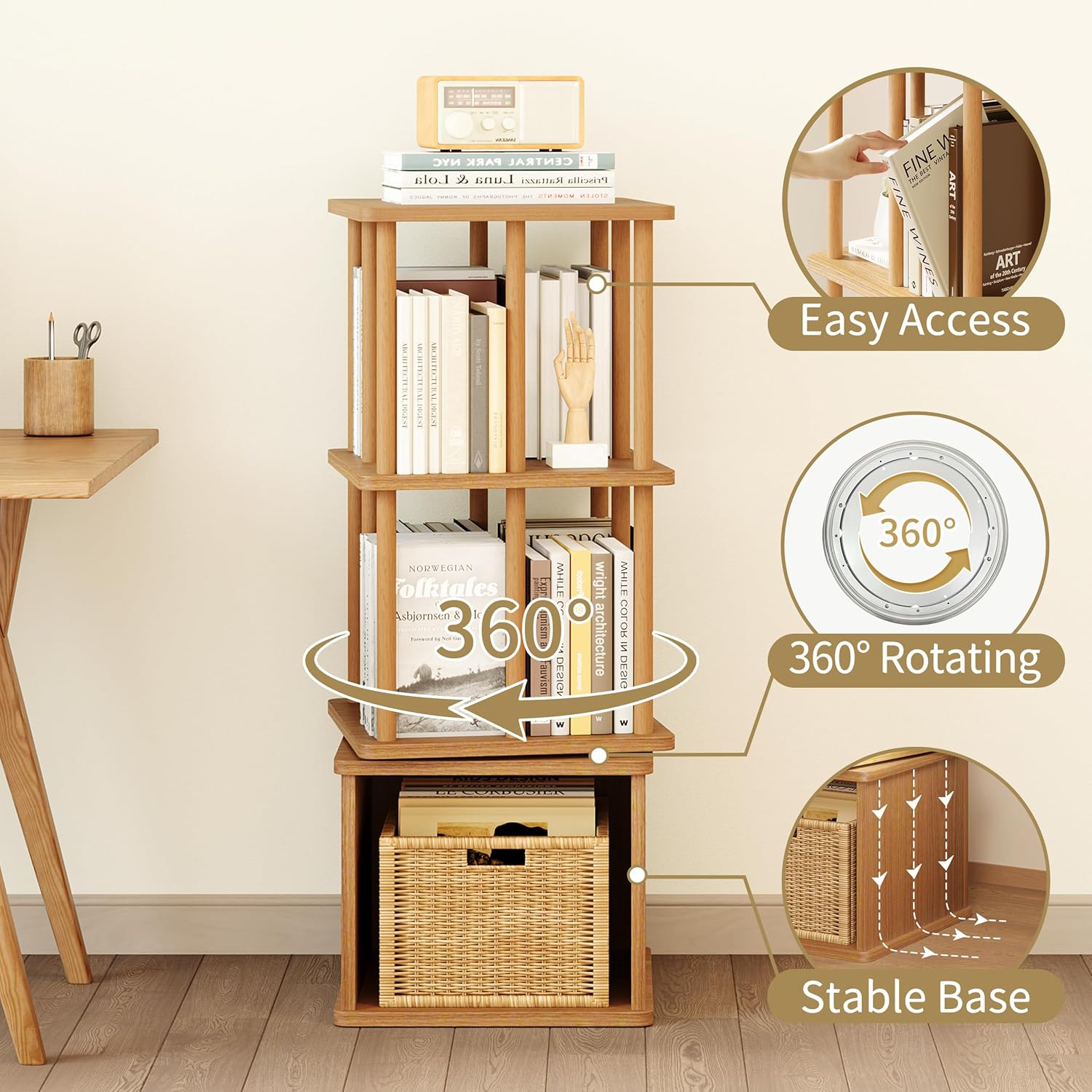 IOTXY 3-Tier Rotating Bookshelf Tower - Beech Wood Frame Spinning Bookcase with Storage Base, Compact Freestanding Revolving Shelf Organizer, Oak