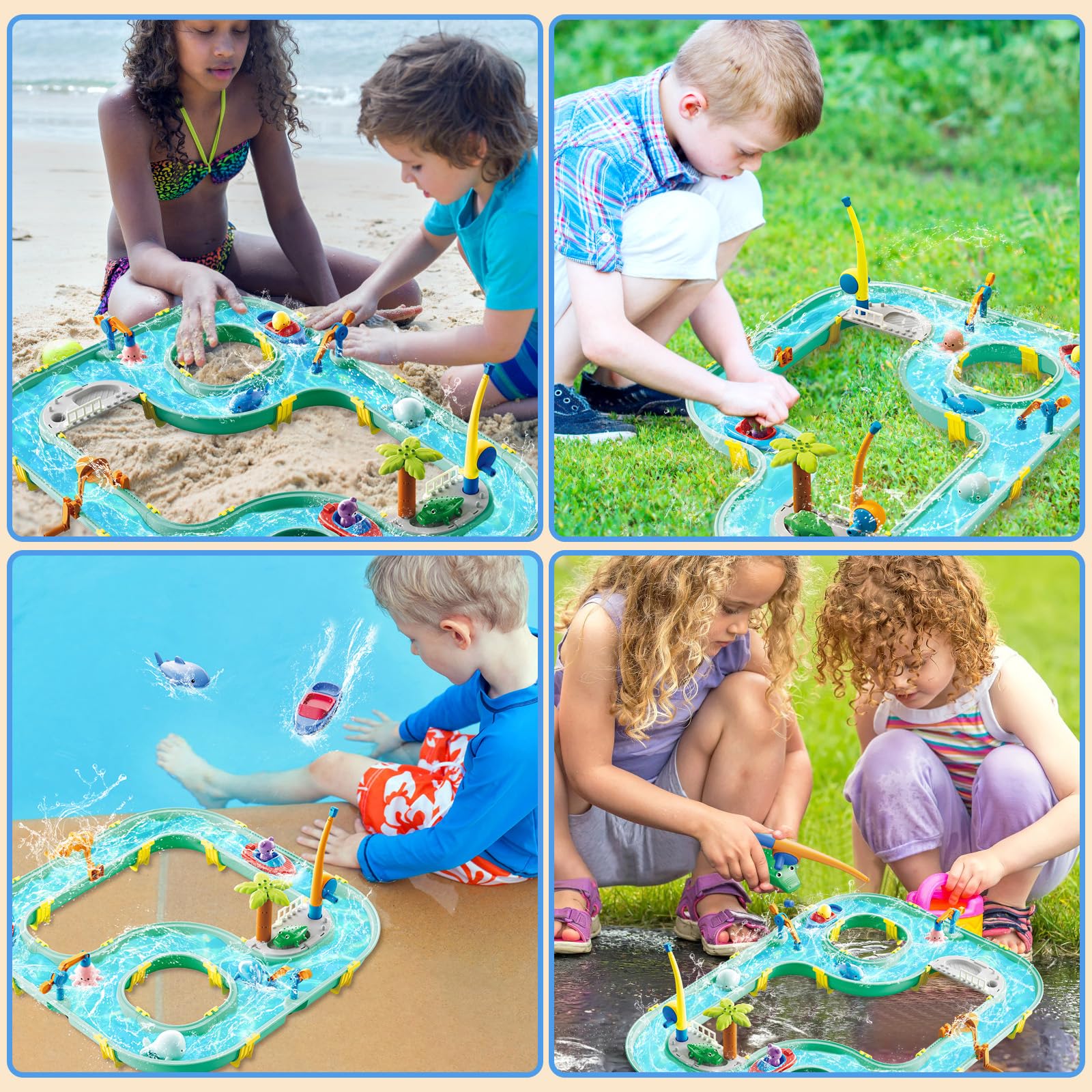 BuzzoXerex Juguete de Mesa de Arena y Agua, 2 en 1 Mesa de Agua y Arena Set, Mesas de Juegos Exteriores con Barcos x2 Muñecas x6 Cañas de Pescar x2 para Niños 3+ Años (1)