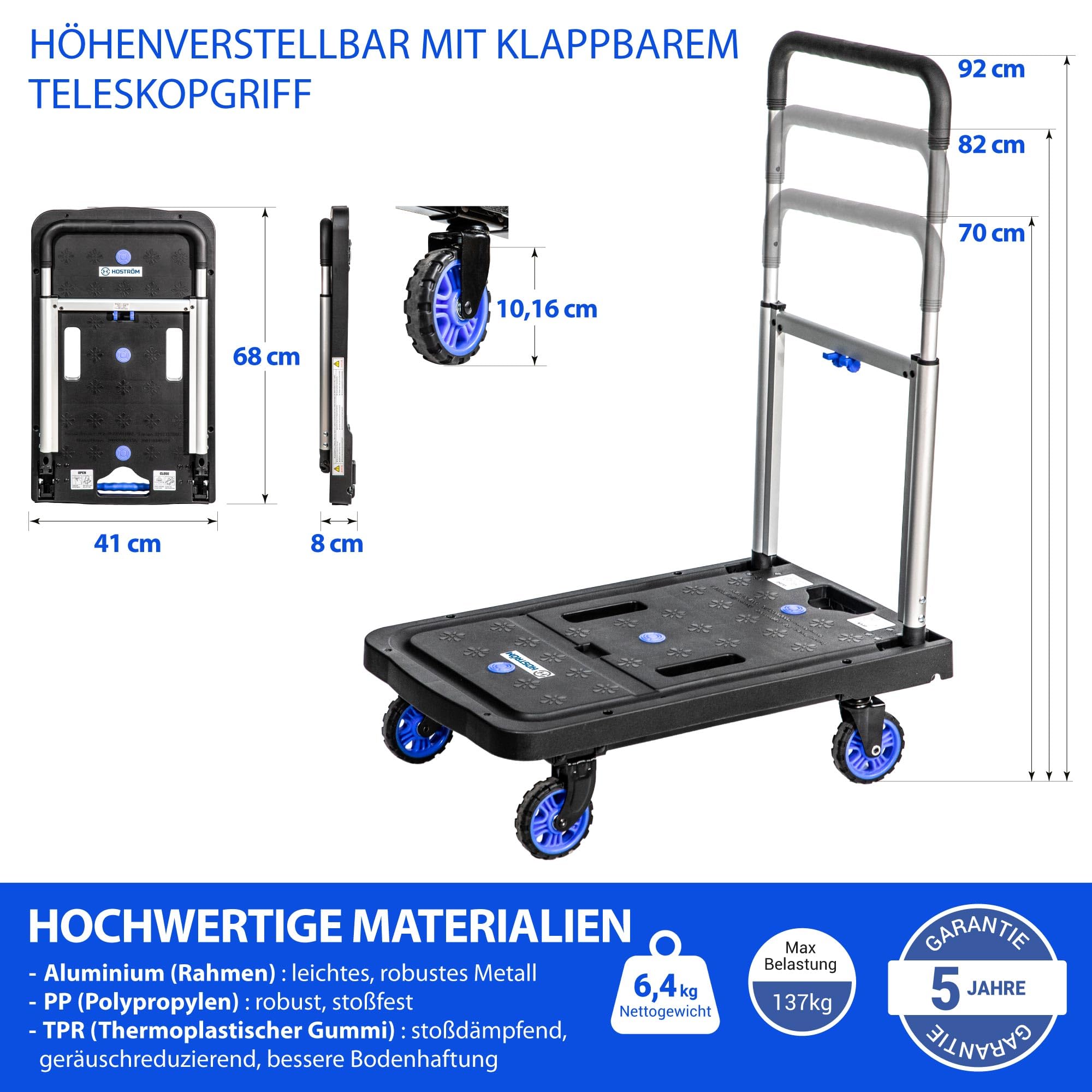 HOSTRÖM Rollwagen, Faltbarer Aufbewahrungswagen, Umzug, Transportmaterial, Teleskopgriff, Max. Tragkraft 137 kg, 5 Jahre Garantie