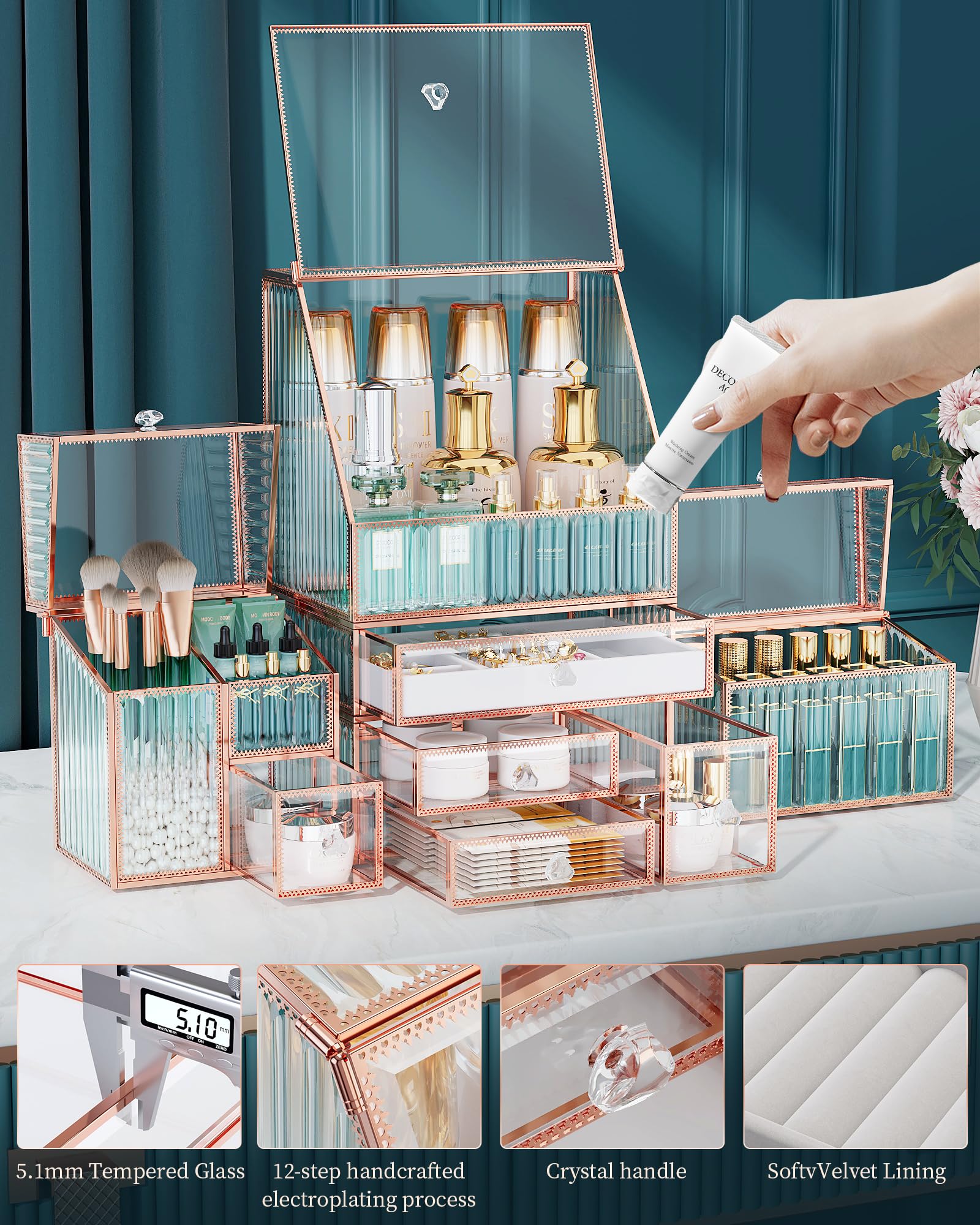 Youdepot Extra Großer Make up Organizer 5-teilig, Kosmetik Organizer aus gehärtetem Glas mit Schubladen, Schmuckbox, Pinselhalter, Skincare, Lippenstift und Parfüm