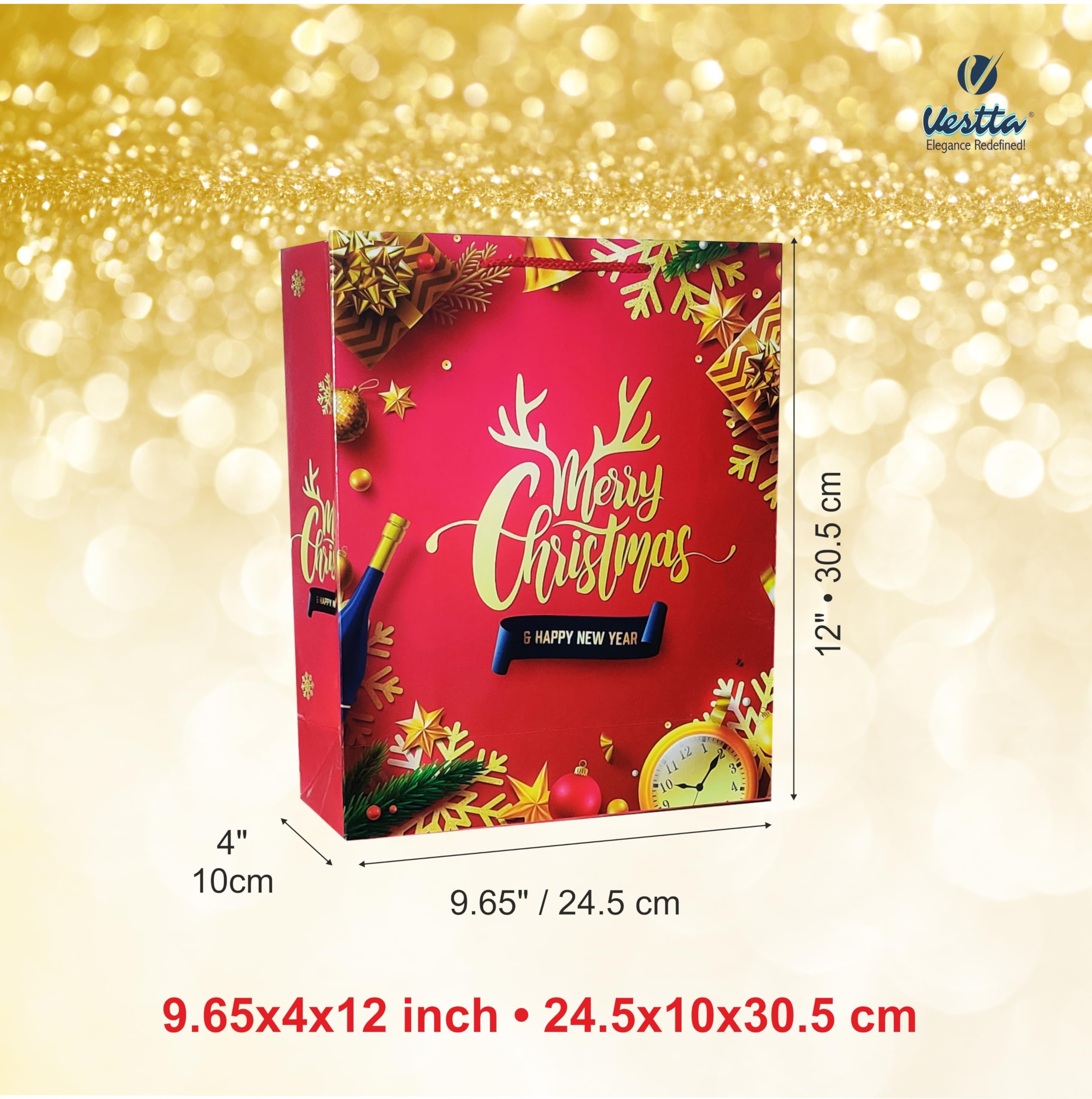 VESTTA -ELEGANCE REDEFINED Gift Paper bag for Christmas Large, 9.65 Inch (L) x 4 Inch (B) x 12 Inch (H), Gloss Laminated, Red Coloured with Merry Christmas written on it with Gift Tags 2