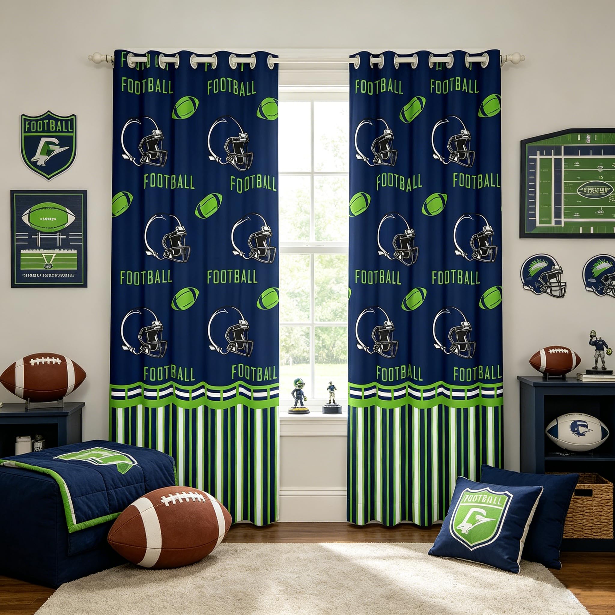 Homemissing (2 Panels, W52*L63 Football Blackout Shades Boys Girls Seattle Curtain For Kids Women Men Rugby Sports American Football City Window Drapes Blue Green Room Decor