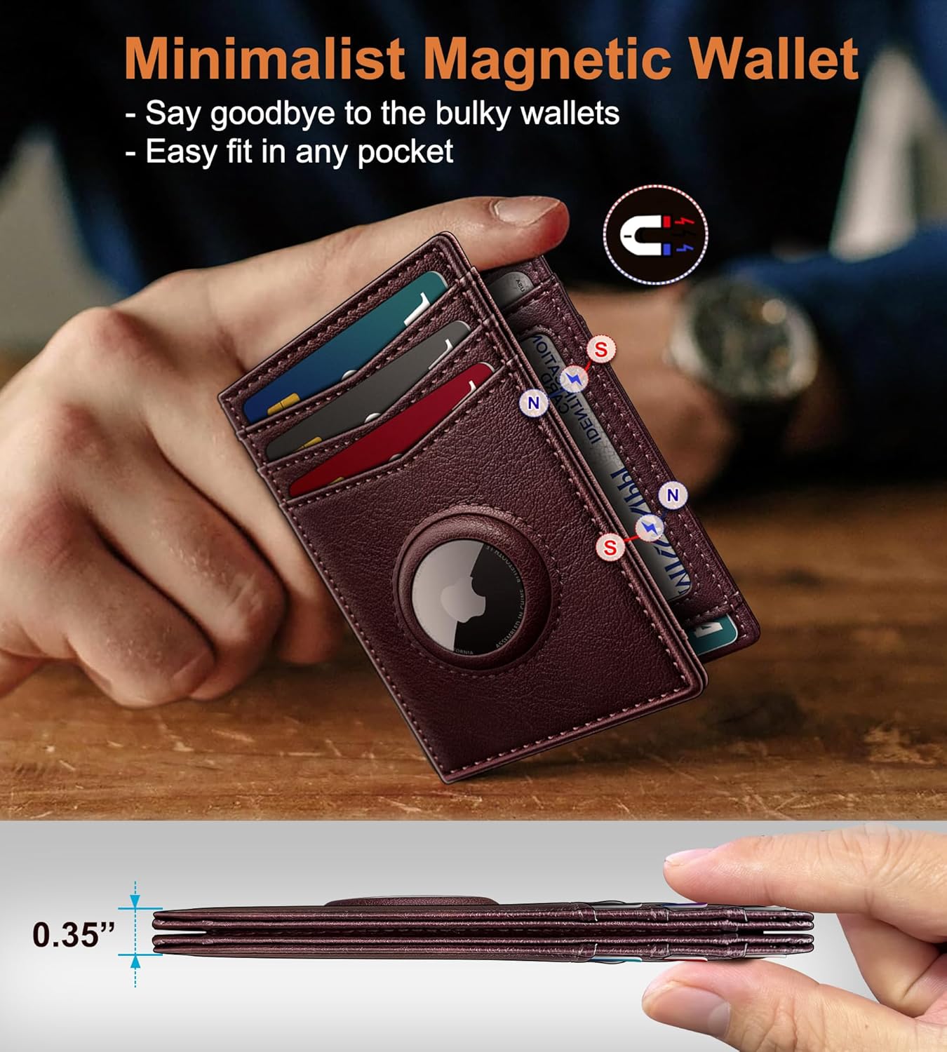 Airtag Slim Leather Wallet for Men - 12-Card Capacity, Magnetic Closure, Money Clip & Simplified Bill Compartment, RFID Blocking (4.3" x 3.0") | Gift Boxed - Image 3