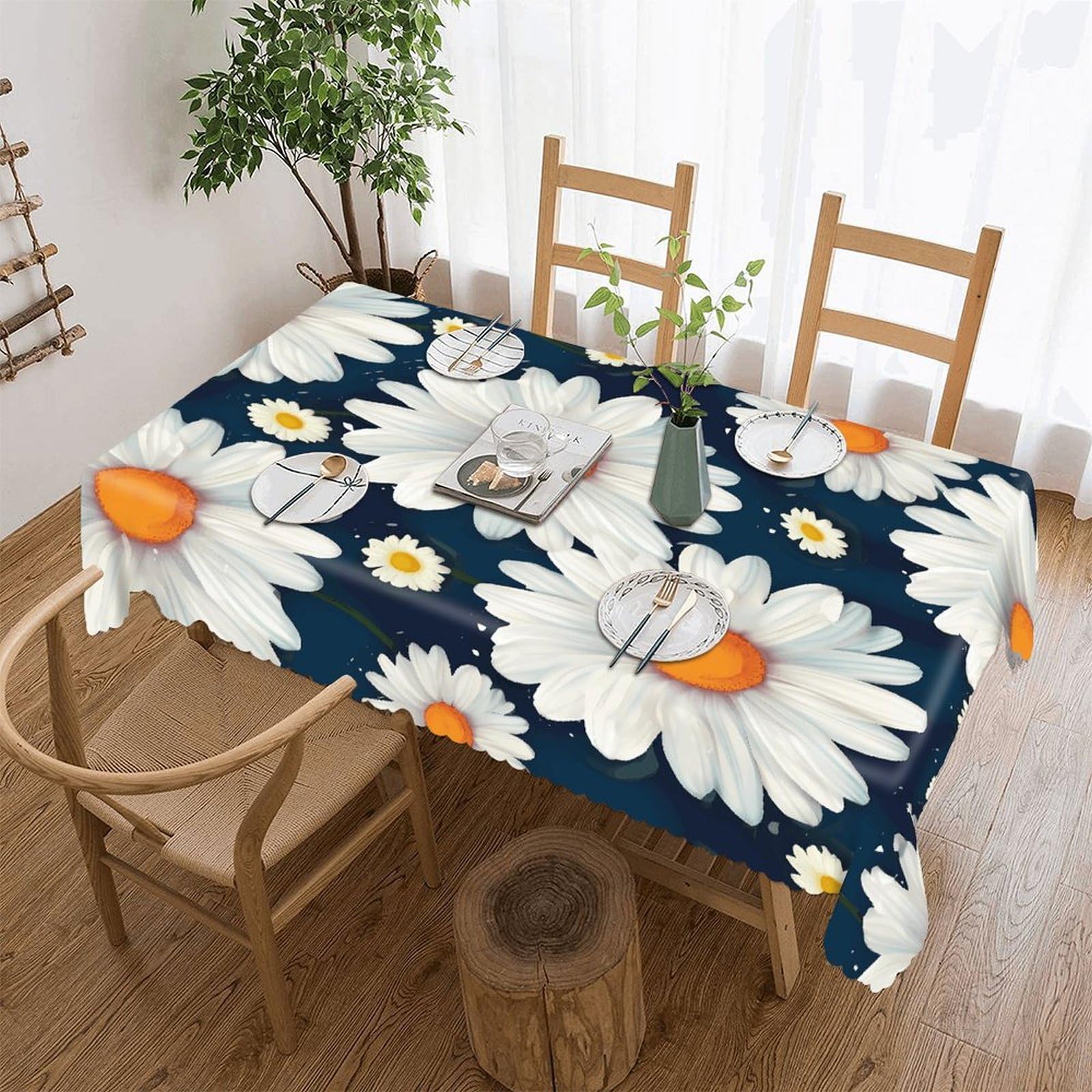 LOKLNEYK Daisy Pattern Tablecloth Rectangle Table Cloth Decorative Fabric Table Cover Waterproof Seasonal Table Cover Wrinkle Resistant Washable Table Cloth for Party Picnic Dinner Decor 60"x86"