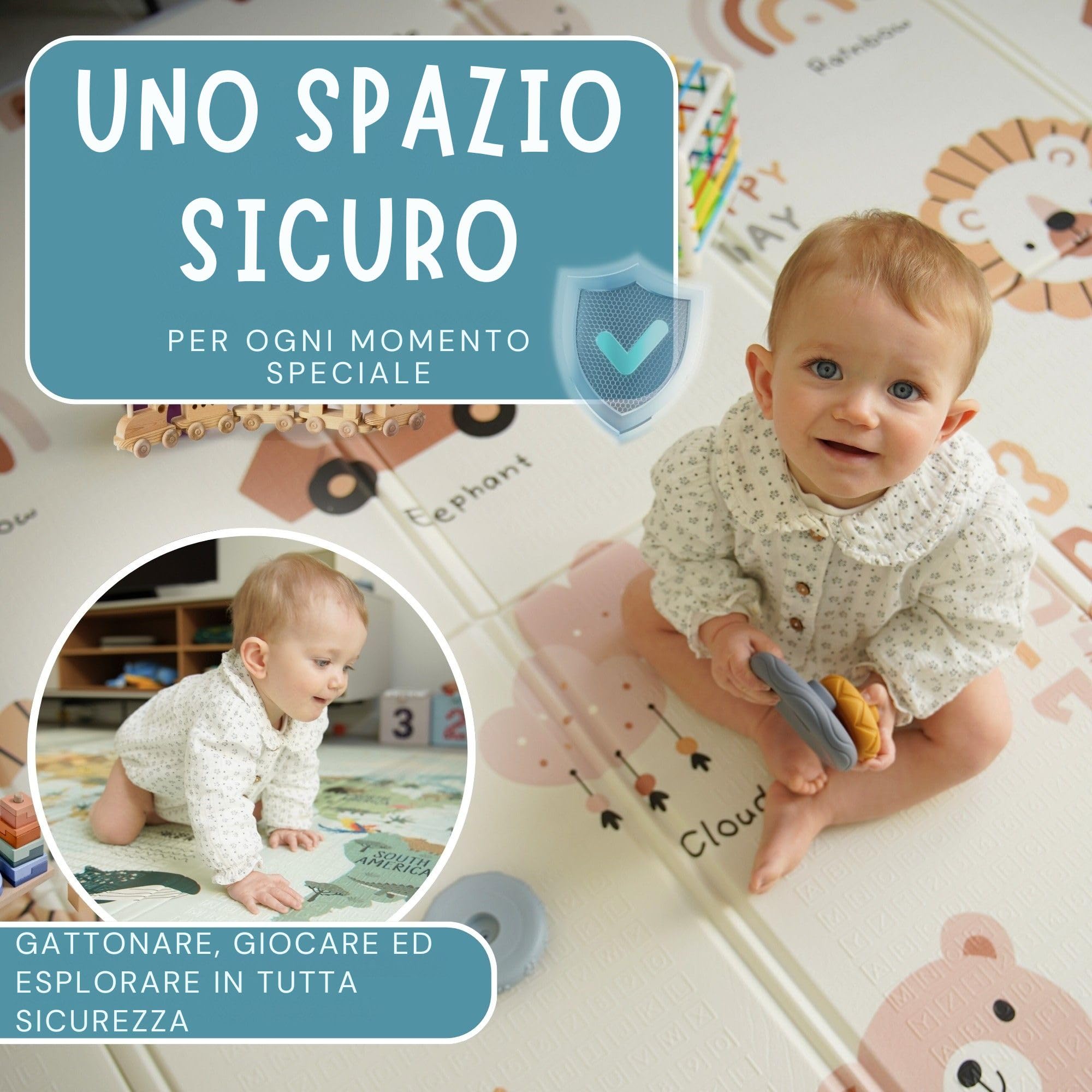 Tappeto Gioco Bambini 200x180 cm Pieghevole Reversible Impermeabile con Bordi Cuciti