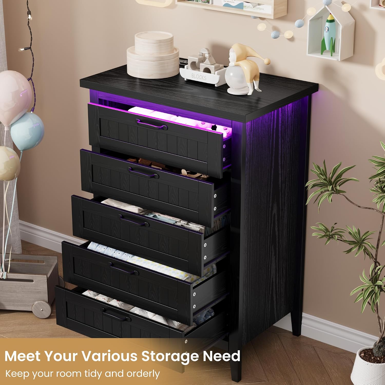 Garvee Tall 5 Drawer Dresser for Bedroom, Black Dresser with LED Light and Power Outlet, Wooden Modern Chest of Drawers for Living Room, Entryway, Hallway