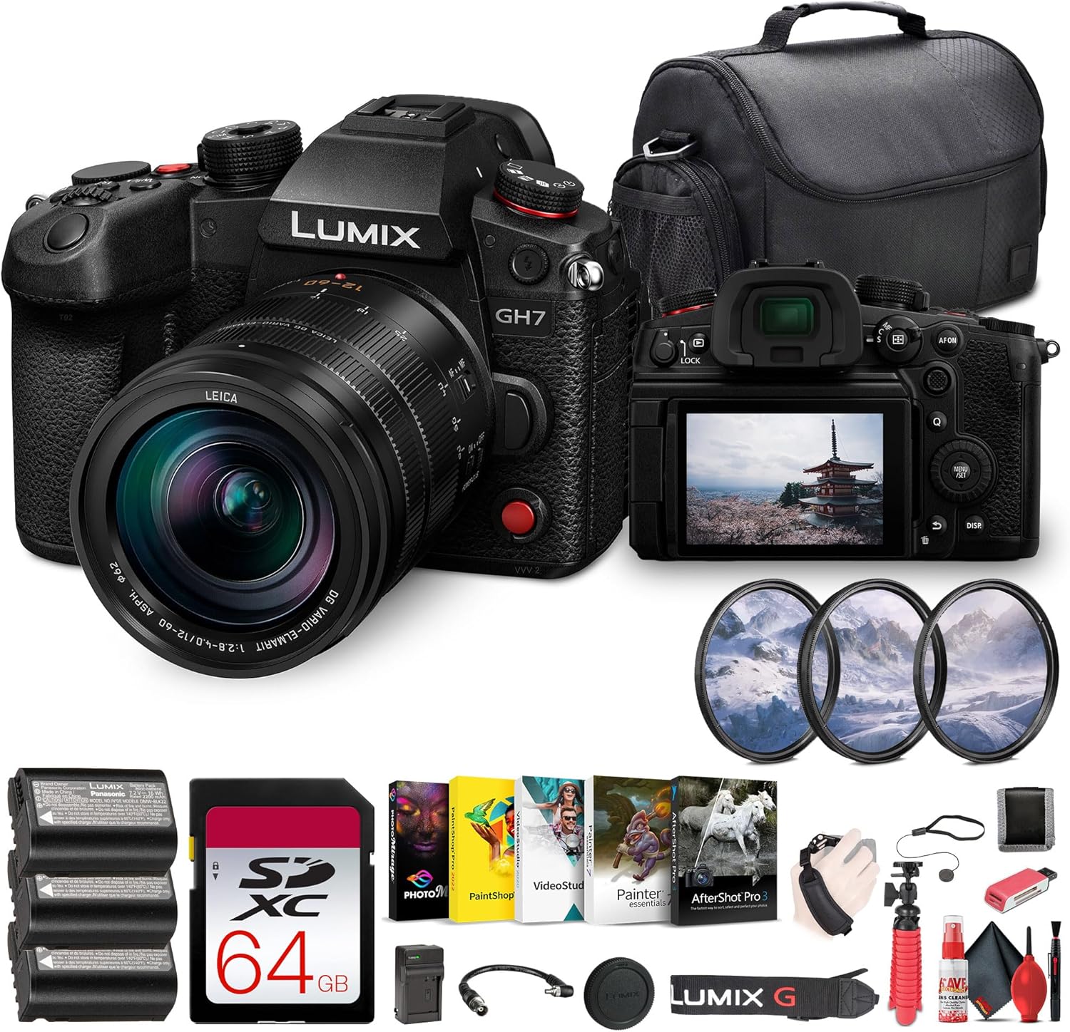 Panasonic Lumix GH7 Mirrorless Camera with 12-60mm f/2.8-4 Lens (DC-GH7LK) + 64GB Memory Card + Photo Editing Software + Bag + 2 x DMW-BLK22 Battery + Card Reader + Charger + More