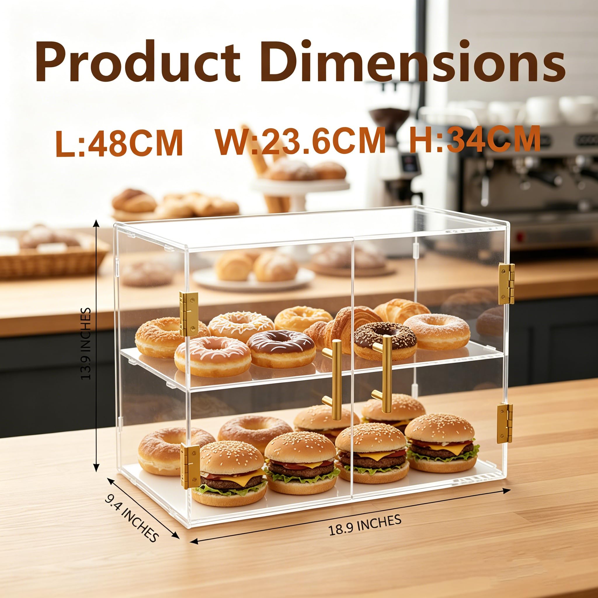 Vitrina expositora de panadería de 2 niveles con puerta elástica, vitrina acrílica comercial para mostrador de repostería, caja exhibidora de alimentos de 18.9" x 9.29" x 13.39"