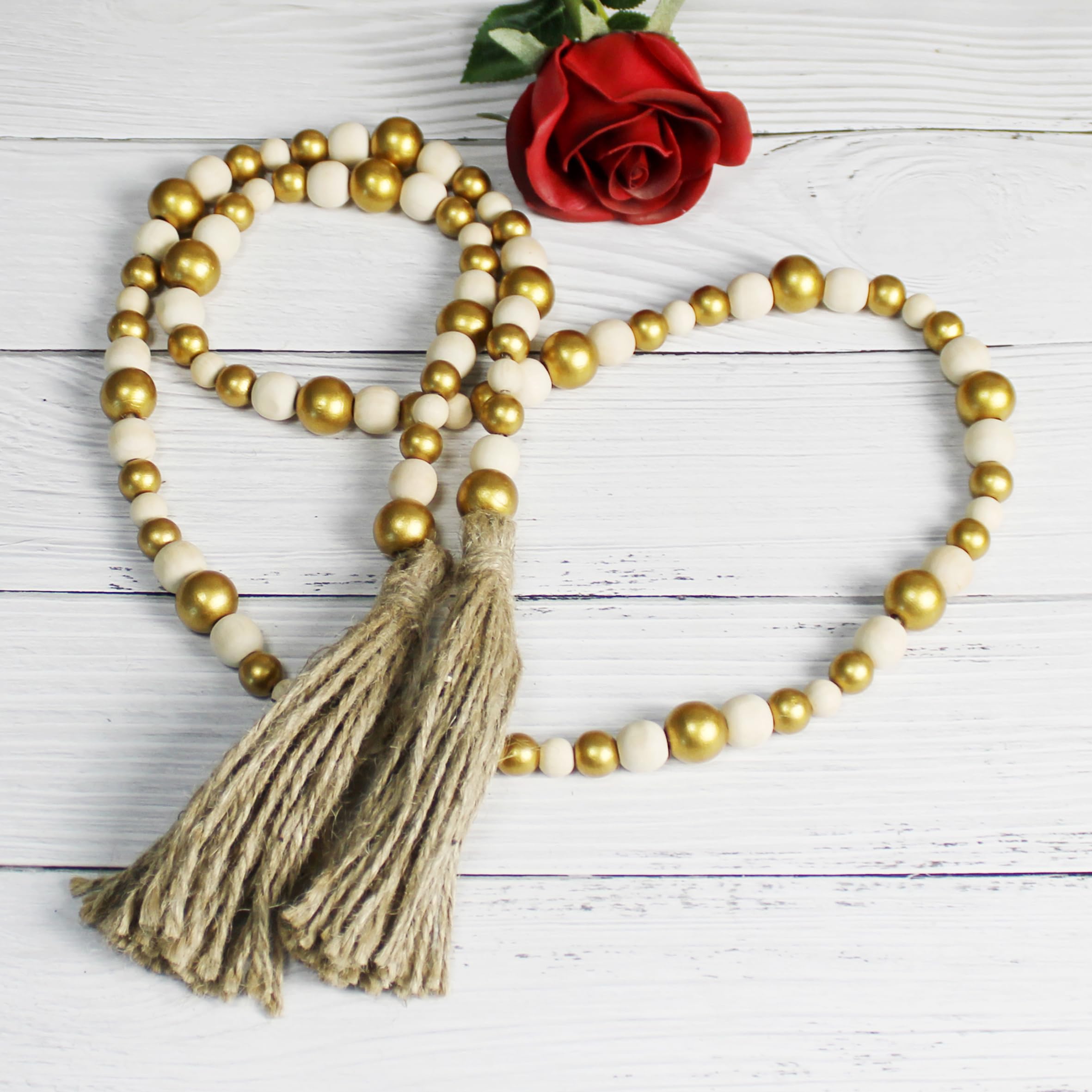 CVHOMEDECO. Wood Beads Garland with Tassels Farmhouse Rustic Wooden Prayer Bead String Wall Hanging Accent for Home Festival Decor. Gold Mix - Image 2