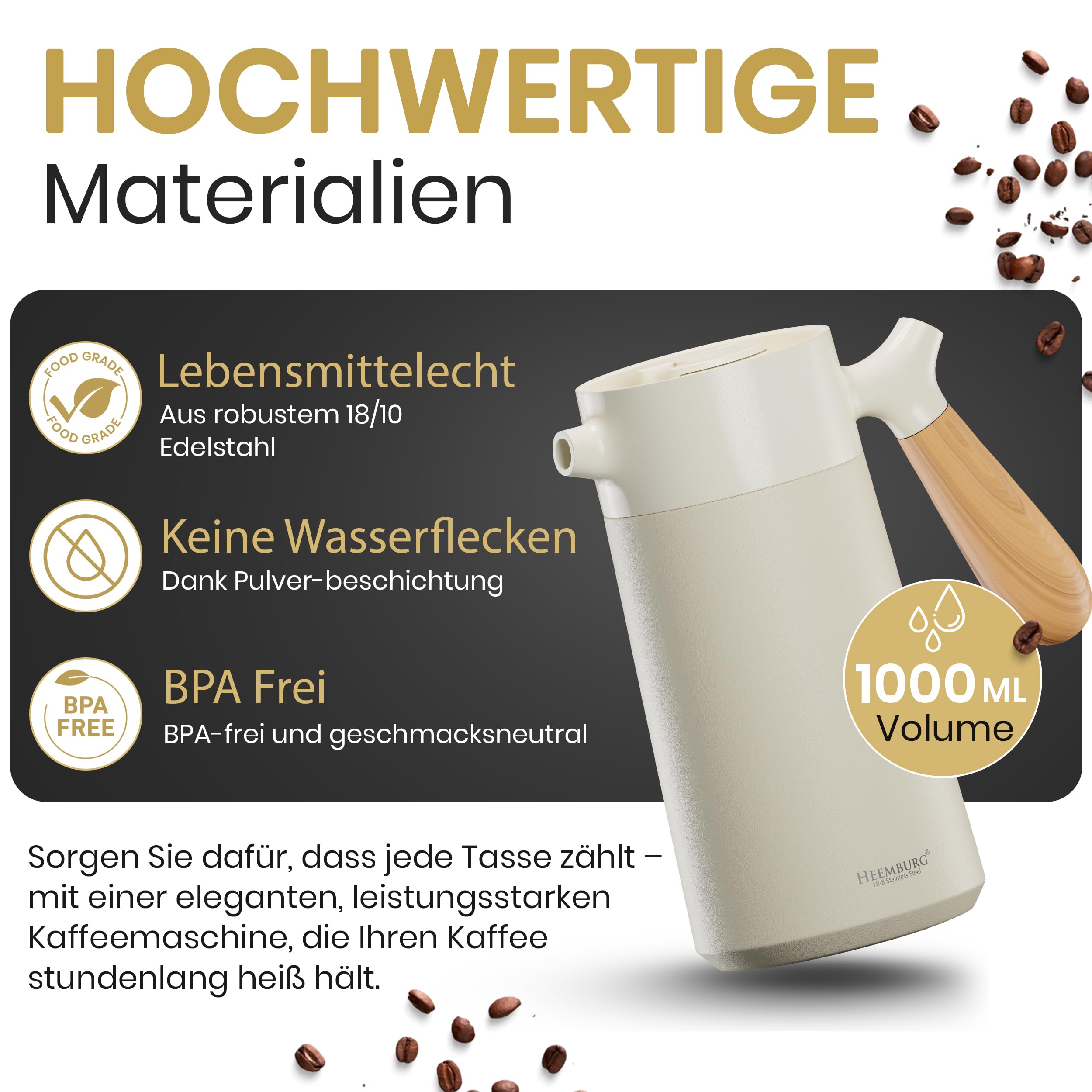 HEEMBURG Thermo French Press 1L (8 Tassen) | Premium Edelstahl Kaffeepresse & Teebereiter | 6h Doppelwandige Isolierung | inkl. Ersatzfilter & Bambuslöffel Geschenkset | Zuhause, Büro & Camping – Weiß