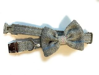 Harris Tweed Dog Collar with detachable Bow Tie - Baby Grey