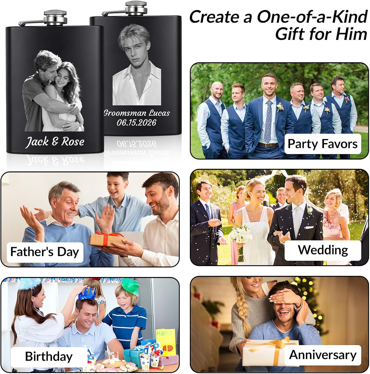 Custom Engraved Flask, 6oz Stainless Steel Hip Flask for Men & Women, Custom Liquor Flask, Groomsmen & Matron of Honor Gift, Fathers Day, Wedding, Birthday Whiskey Flask (photo)