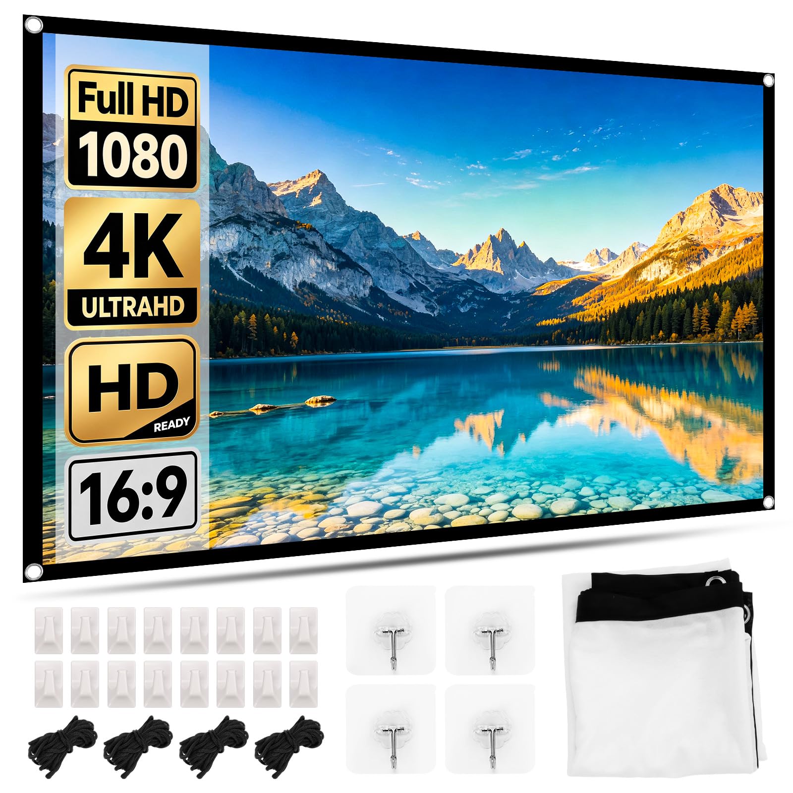 Ekran projekcyjny 60 cali 16:9, składany przenośny ekran, obsługuje 4K Ultra HD i Full HD, matowe antyzmarszczkowe płótno poliestrowe, szeroki kąt widzenia 180°, montaż bez wiercenia, do kina domowego