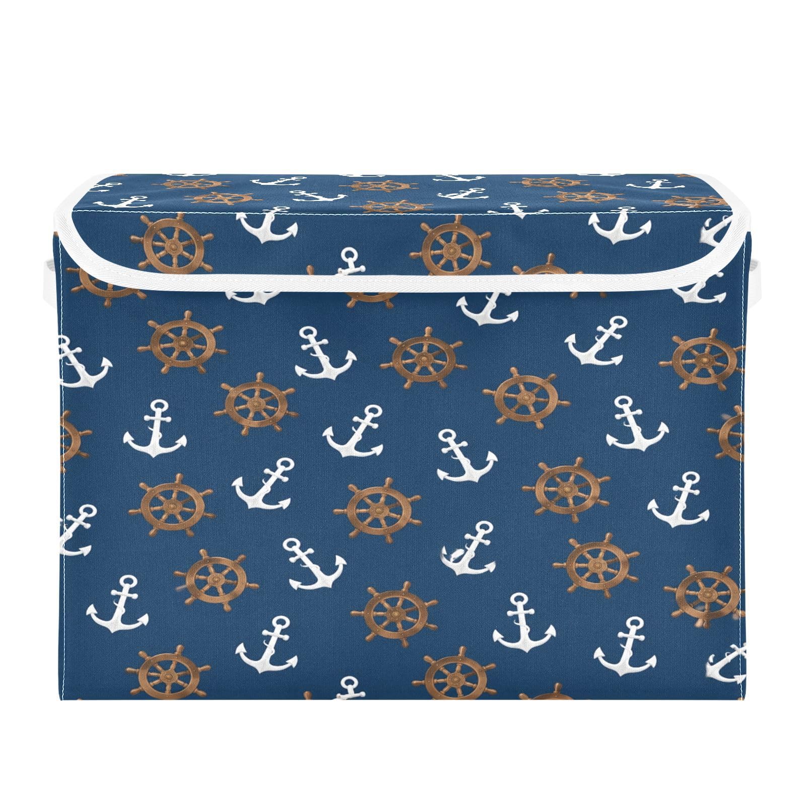 Ewusp Ship Anchors Rudder Fabric Storage Bin with Lid, Decorative Foldable Storage Basket with Handles, Stackable Closet Shelf Organiser Box for Clothes, Books, Bedroom, Living Room
