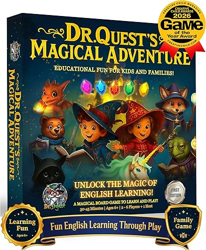 Dr. Quest's Magical Adventure–Educational Board Game for Kids Ages 6-9 – Spelling & Grammar Learning Game for Early Elementary | 180 Questions | Screen-Free Homeschool & Family Game | 2-6 Players