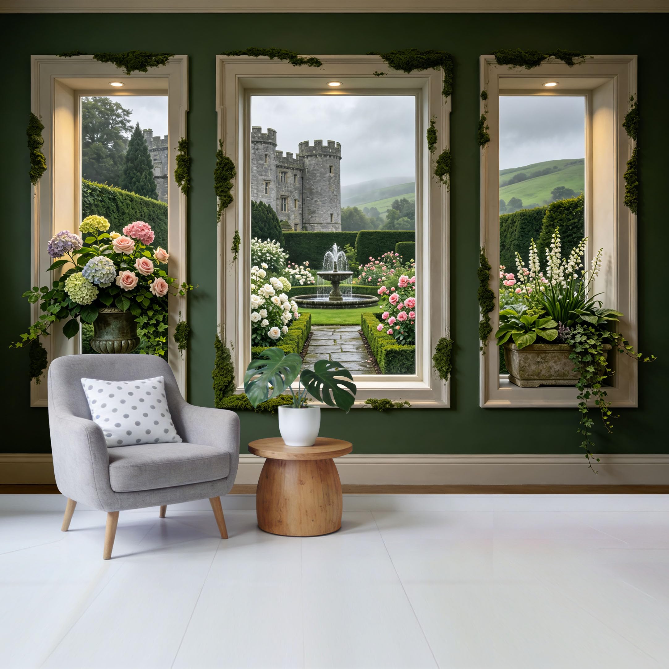 Custom Size Wall Mural European Garden Castle View with Fountain and Hydrangea Floral Landscape Removable Self Adhesive Fabric Home Wall Decor for Living Room Bedroom Bathroom