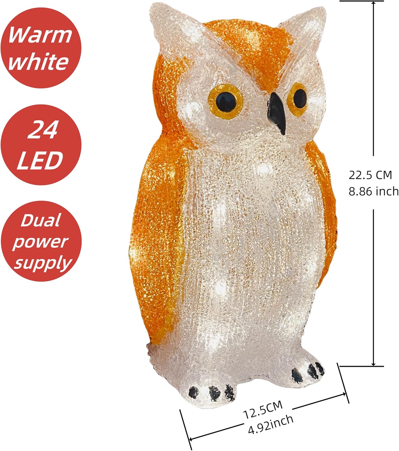 Gloworm YKL-1018, 22.5CM Acrylic Owl Lighting, Garden/Home Figure Light Up, 24 Warm White LEDs, 6H Timer, Dual Power Supply USB or Batteries: 3 x AA (Not Included) Garden/Home Decoration Indoor