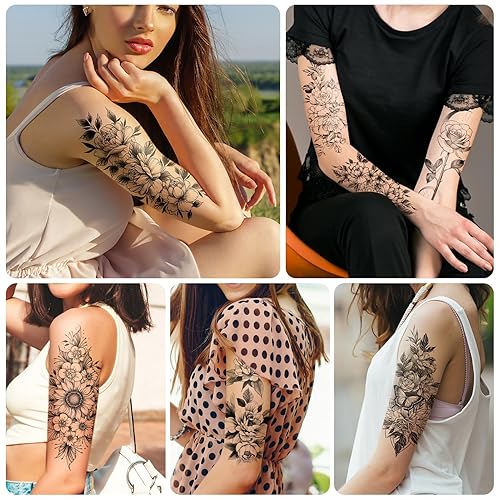 Miniatura 6 de EMOME 8 hojas de tatuajes temporales florales grandes de medio brazo para mujeres adultas, tatuajes falsos 3D sexys para mujeres, tatuajes realistas
