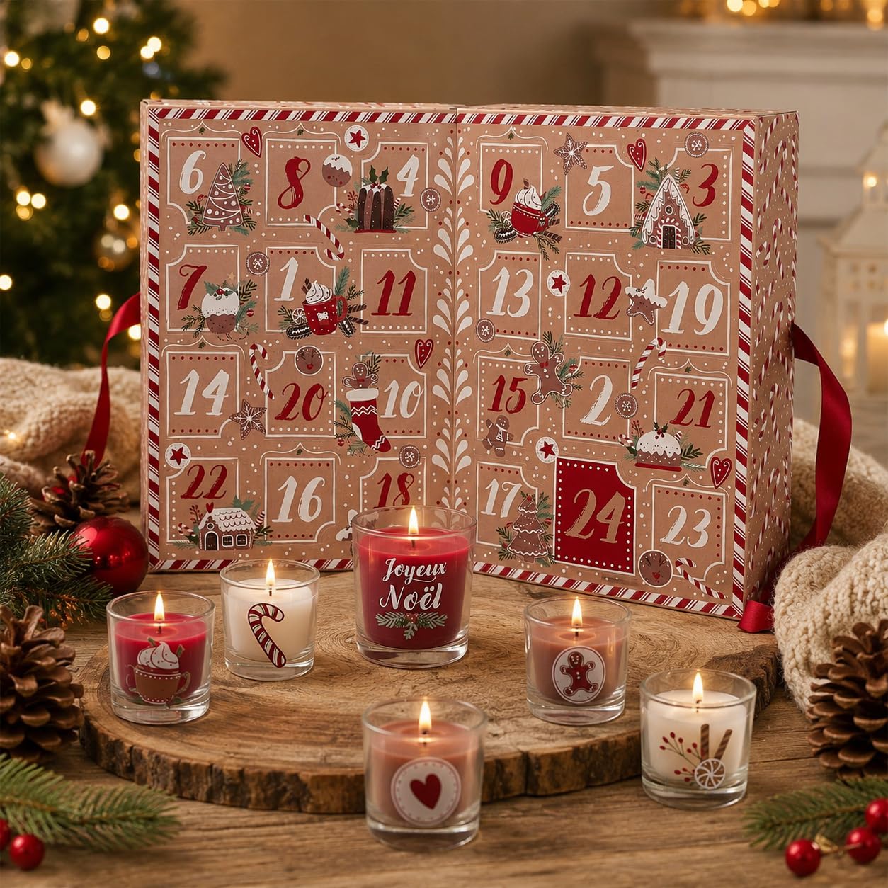Luxuriöser Adventskalender mit 24 Duftkerzen – Aufklappbarer Weihnachts-Adventskalender für Erwachsene – Adventskalender mit Kerzen – Rot