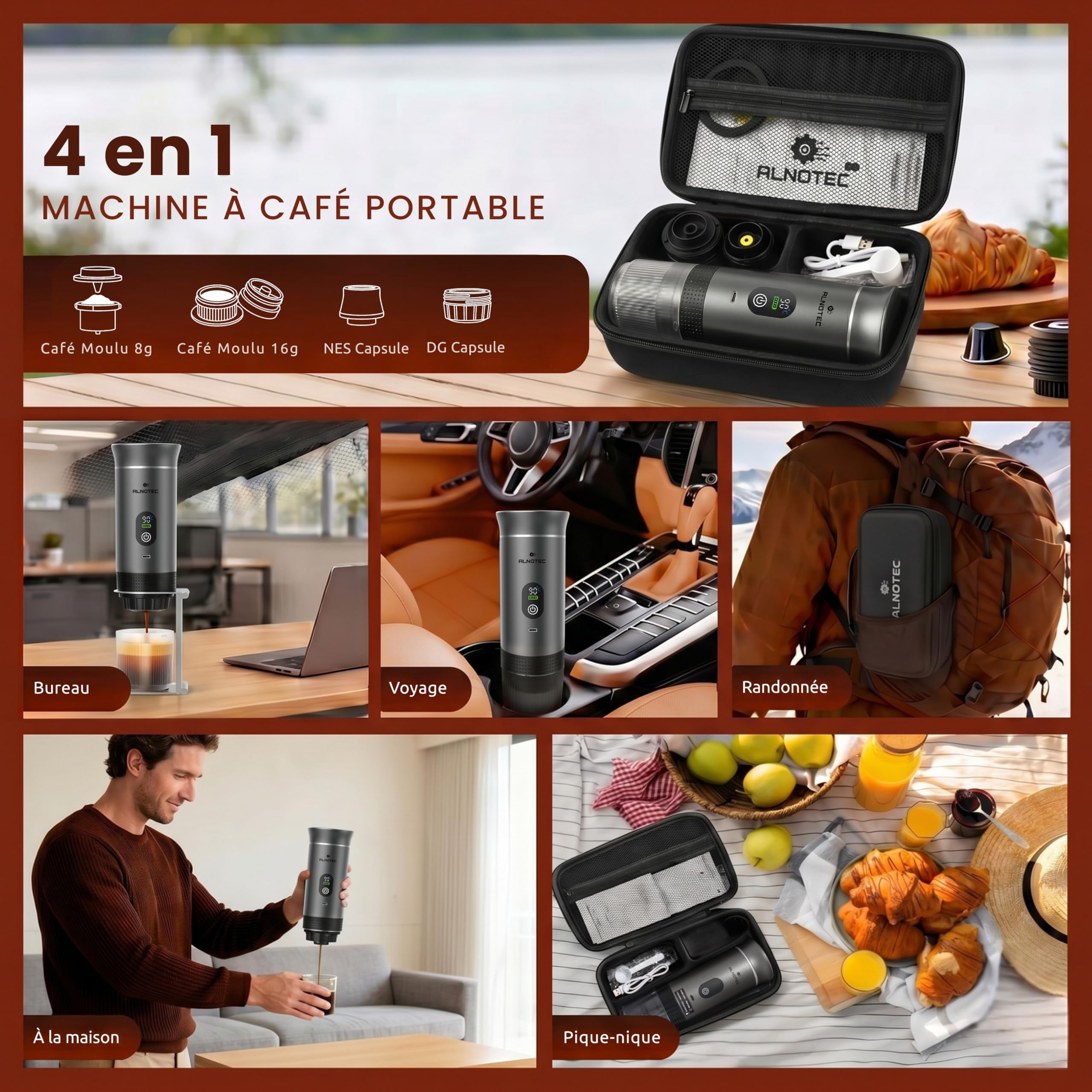 Cafetera portátil eléctrica de 20 bar, autoclavante, 3 en 1, compatible con cápsulas NES®, DG® y café molido, 2 adaptadores de café molido, 8 g/16 g, USB-C – Bolsa+soporte (gris con tapón