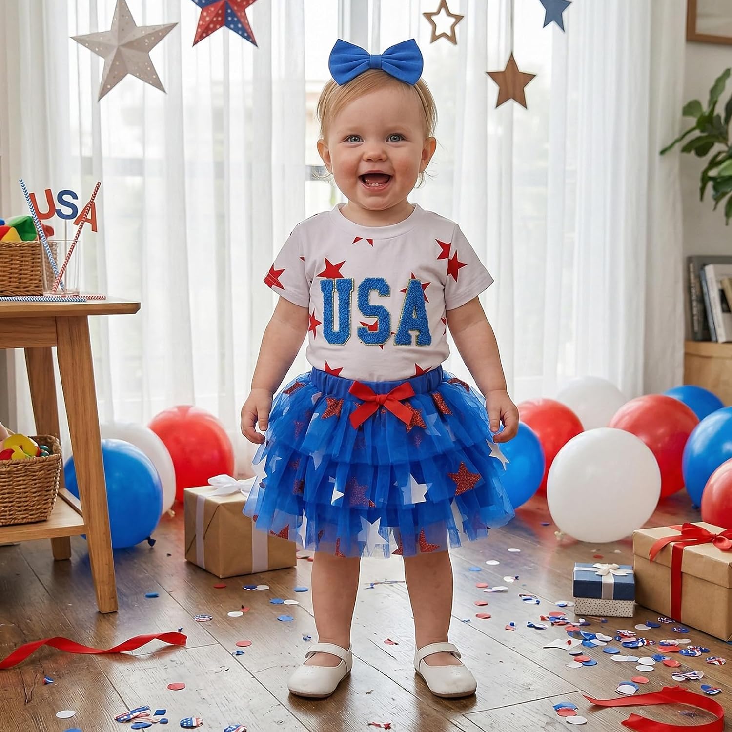 Amnnchya Toddler Baby Girl 4th Of July Outfit Girls Fourth Of July Clothes USA Stars Shirt Tops Memorial Day Tutu Skirt Set