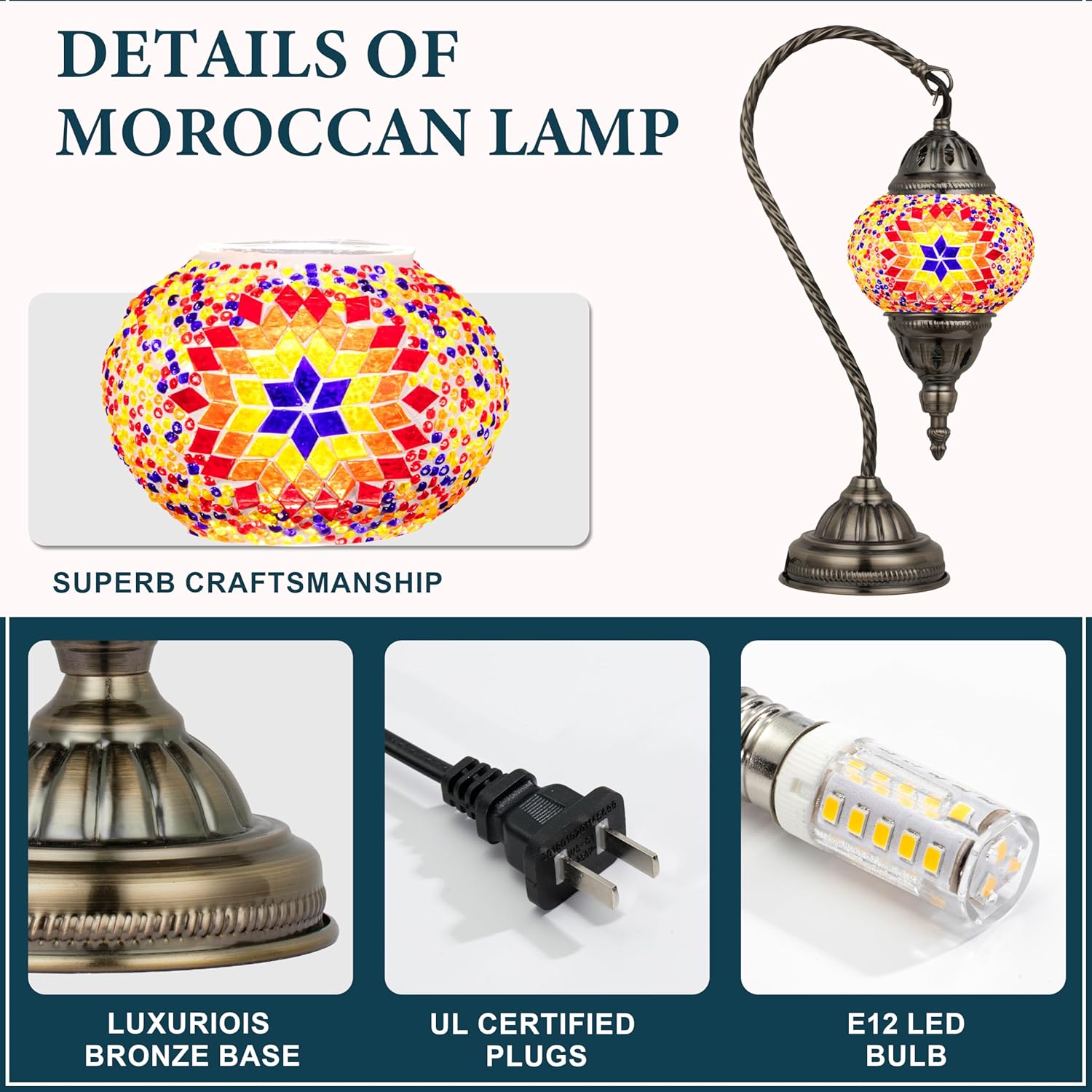 Marrakech Tiffany Lamp Turkish Table Lamps with Vintage Style, Handmade Moroccan Mosaic Lamp with Swan Neck Bronze Base Including LED Bulb for Living Room Bedroom Decor (Orange)