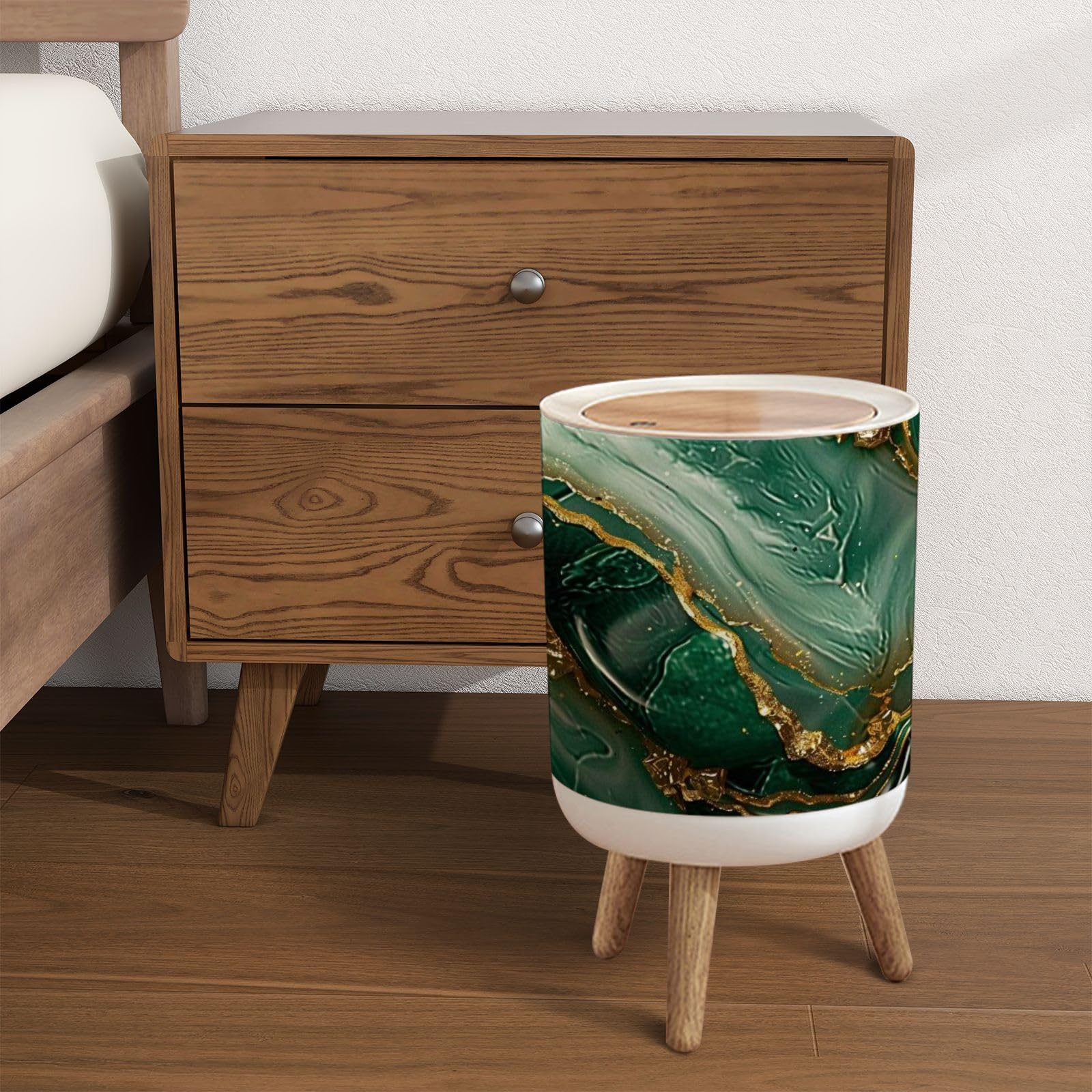 Cubo de basura con tapa, diseño abstracto de mármol de lujo, textura de mármol, verde y dorado, cubo de basura 3D, redondo, a prueba de perros, para cocina, baño, sala de estar, guardería,