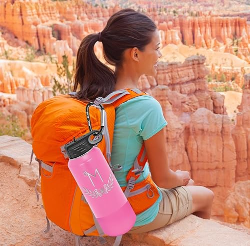 Miniatura 25 de Botellas de agua personalizadas con tapa abatible y pajilla, termo deportivo personalizado de acero inoxidable grabado, monograma personalizado