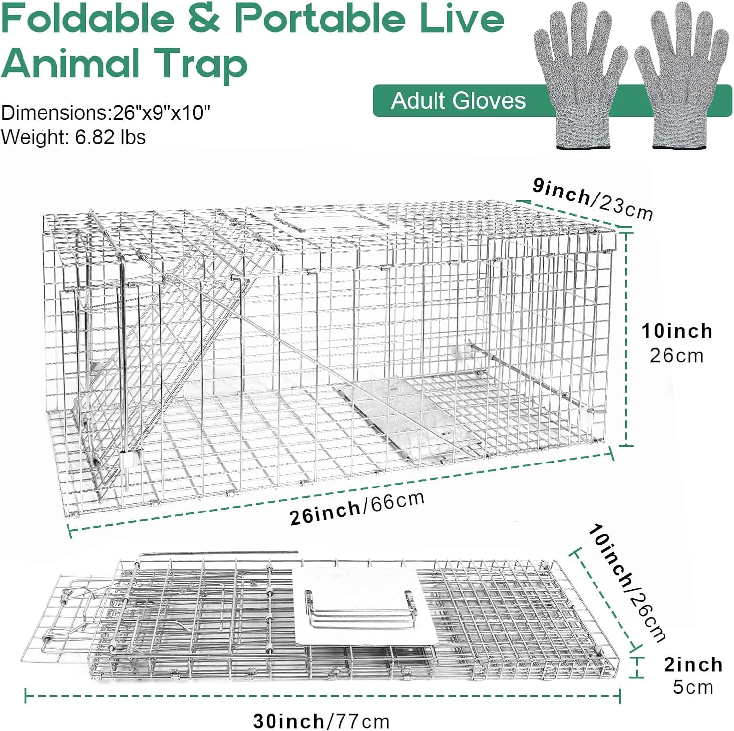 humane live animal trap cage 26" × 9" × 10",heavy-duty live catch cage for raccoon, squirrel, stray cats, groundhogs, armadillos, opossums, rabbits, skunk, mole, small wildlife control 26"×9"×10"