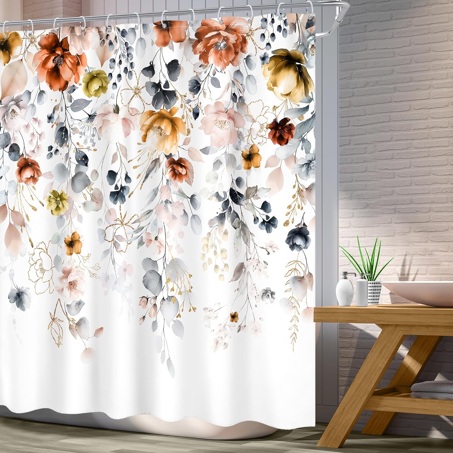 Floral Shower Curtain 72Wx72L Inch Flower Rustic Wildflower Blossom Watercolor Plant Botanical Spring Grey Fall Autumn Eucalyptus Leaf Bathroom Set Bath Curtain Bathtub Accessories Home Decor