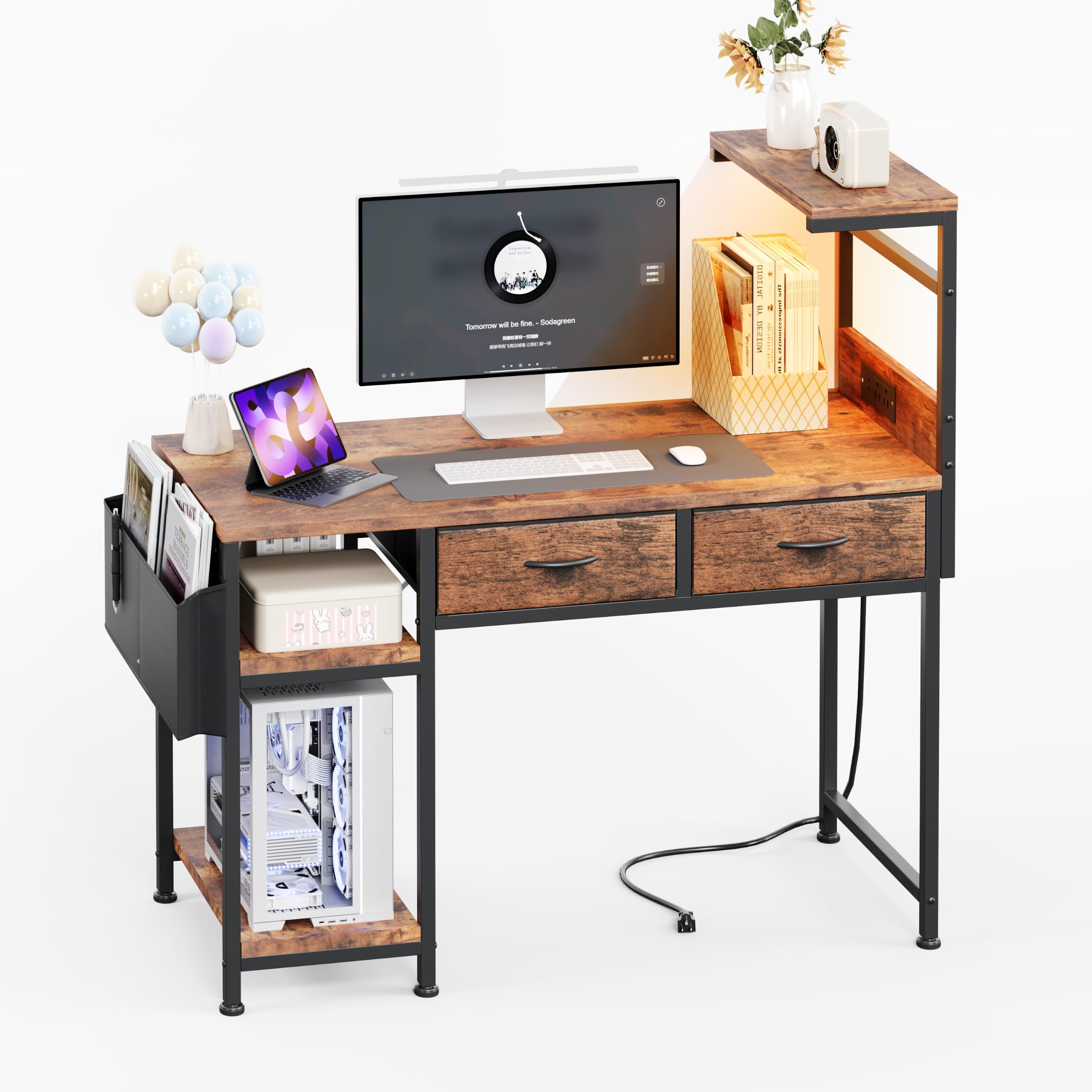 KitMent 100cm Desk with 2 Drawers, Power Outlets & USB Ports, Rustic Brown