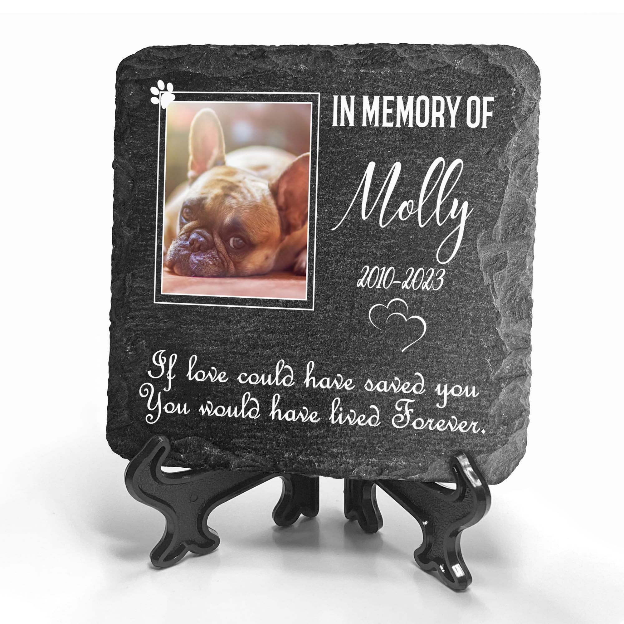 TULLUN Personalised Individual Dark Gray Memorial Small Plaque With Stand For Pet Cat Dog Slate Stone Frame Paw Grave Marker - Size | 3.98" x 3.98" or 100 x 100 mm | - White Frame Photo
