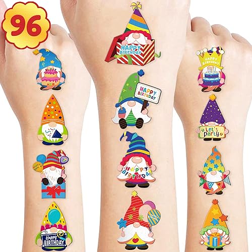 96 piezas de lindos gnomos de jardín de Pascua, tatuajes temporales temáticos de fiesta de cumpleaños, suministros de decoración, calcomanías