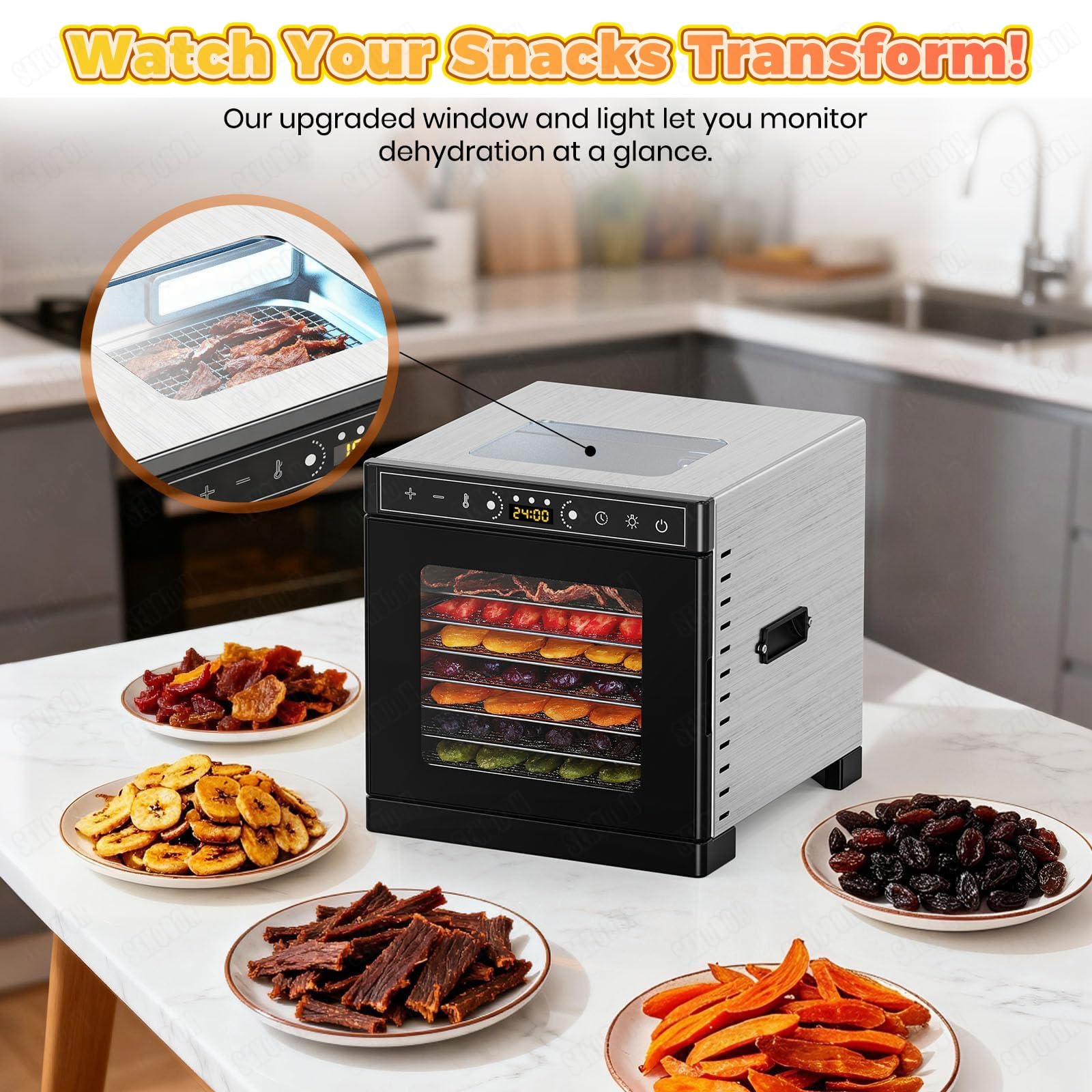 Deshidratador digital silencioso de 400 W, 6/8 bandejas, puerta de vidrio y flujo de aire 360°.35–74 °F, funcionamiento eficiente para elaborar snacks saludables, frutas desecadas