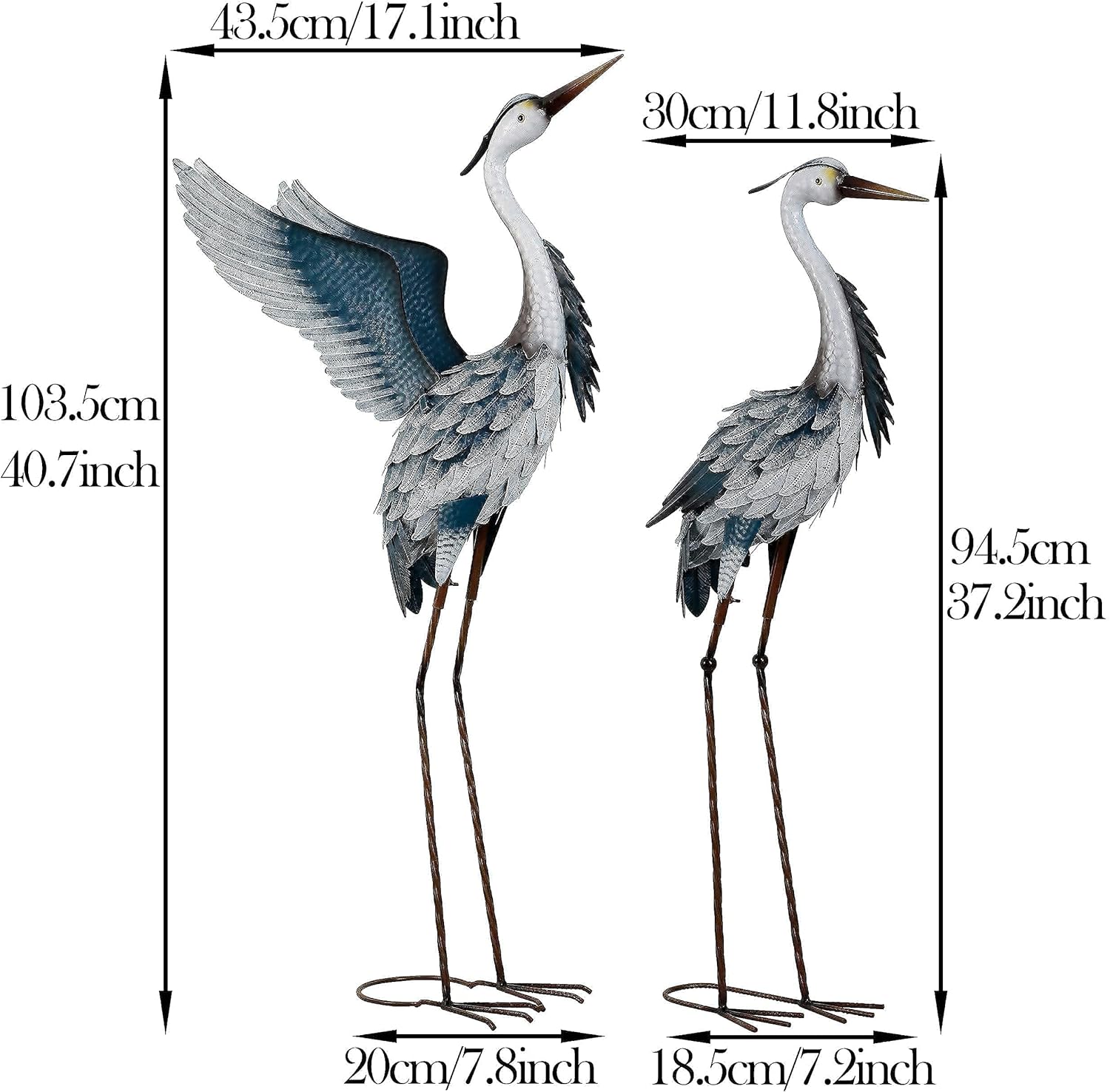 TERESA'S COLLECTIONS 40.7 inch Metal Blue Herons Cranes Garden Statues + 31.5 inch Peacock Solar Stake Light for Garden Decor, Bird Art Lawn Ornaments for Outdoor Patio Yard Outside Decorations