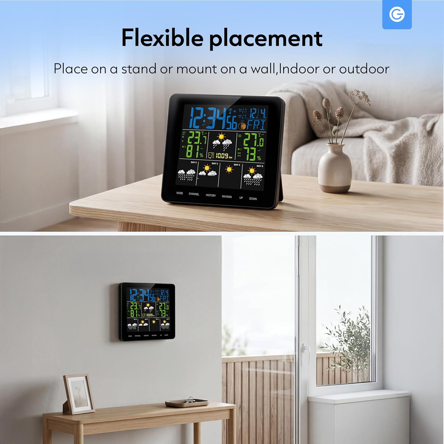 The Silvergear Weather Station shown on a tabletop stand and also mounted on a wall, demonstrating its flexible placement options.