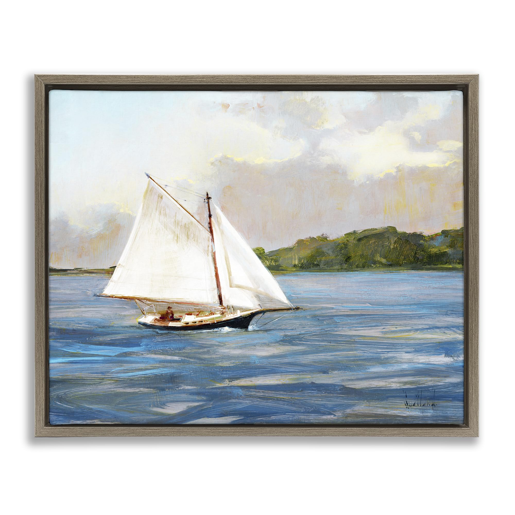 Stupell Industries White Sailboat Coastal Horizon 'White Sailboat On Calm Blue Sea', Floating Frame Canvas Art, Brown, 21 X 17 Inches, Easy To Hang And Sturdy, Made In Usa, By Katie Swatland
