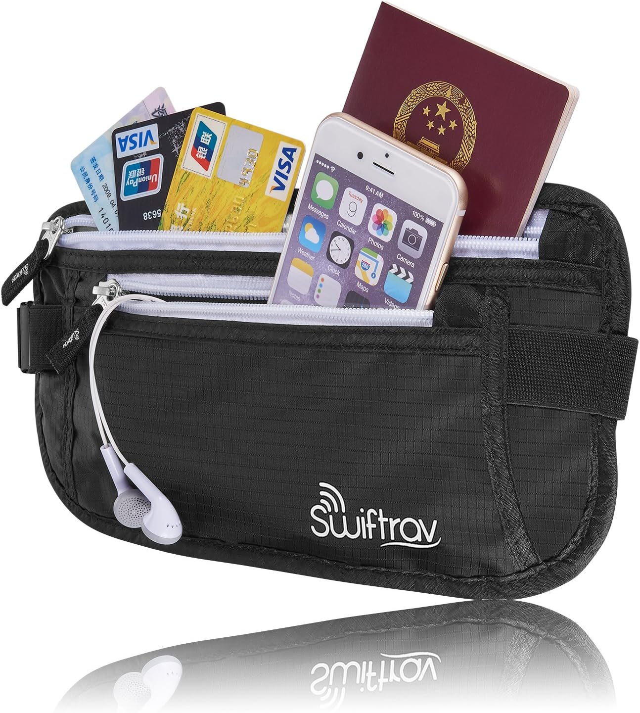Swiftrav RFID Blocking Travel Money Belt Waist Stash, Undercover Safe for Credit Cards, Passport & Cash with Bonus Luggage Tag