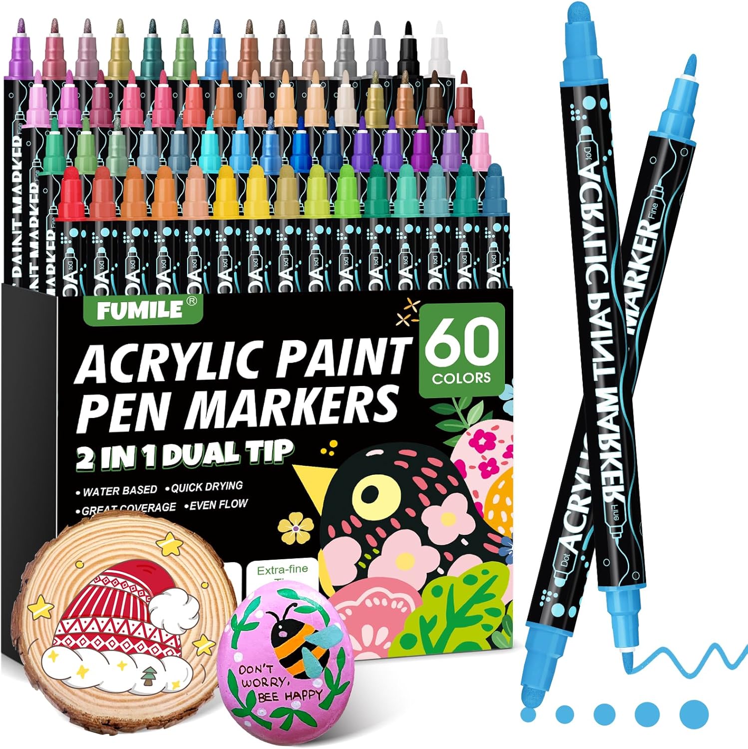 FUMILE 60 Colors Acrylic Paint Marker Dual Tip(Fine and Dot Tip), Paint Pens Acrylic Markers for Wood, Rock, Plastic, Glass, Ceramic, Canvas.Acrylic Markers Set for DIY and Art