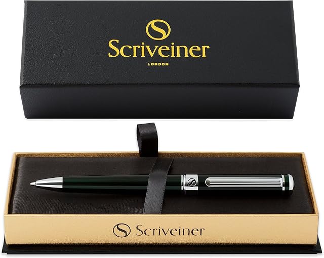 Scriveiner Ballpoint Pen - Very Dark British Racing Green Luxury Pen, Chrome Finish, Schmidt Black Refill, Best Ball Pen Gift Set for Men & Women, Professional Executive Office, Nice Designer Pens