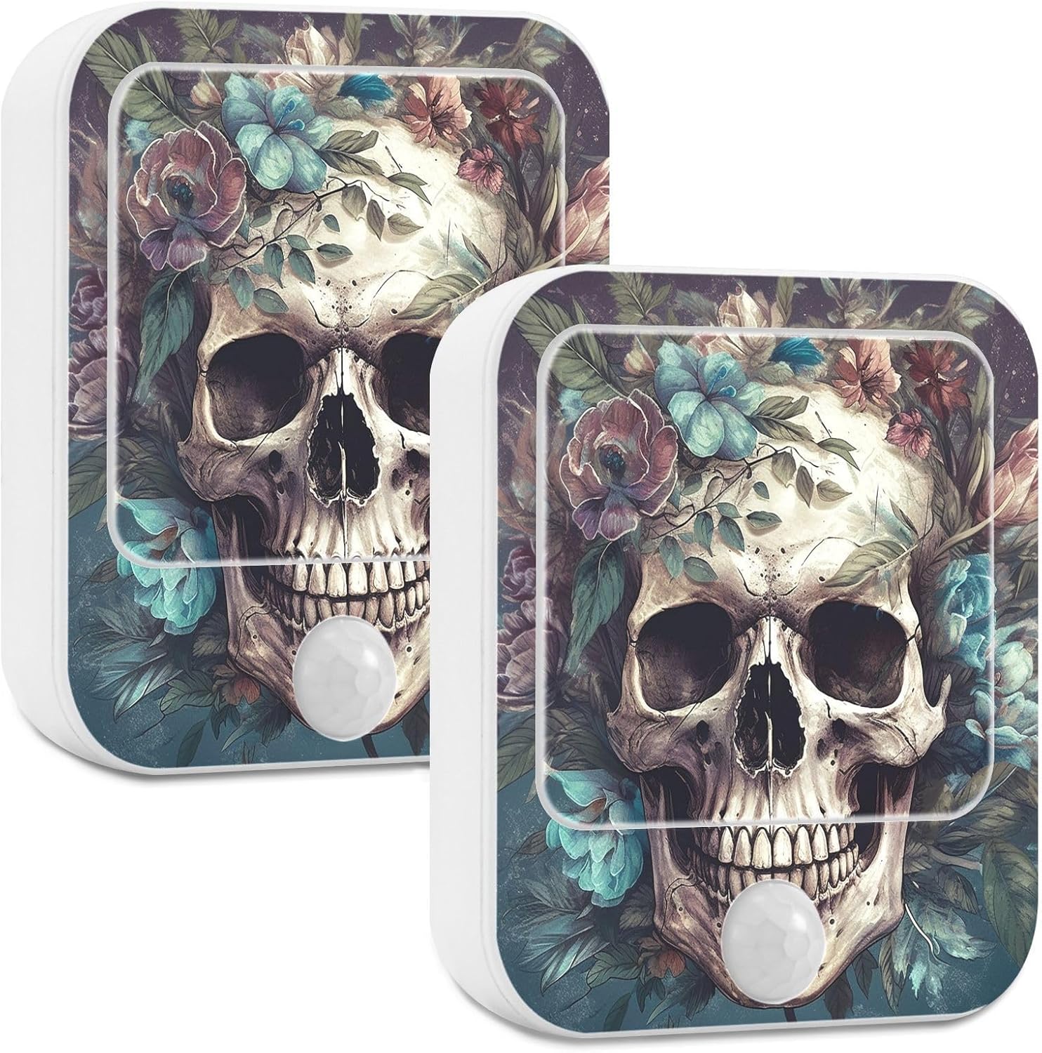 Night Lights Plug into Wall - Portrait Skull Flower, 2 Packs Motion Sensor & Dusk to Dawn Sensor Dimmable Sleep Friendly Decorative Night Lamp