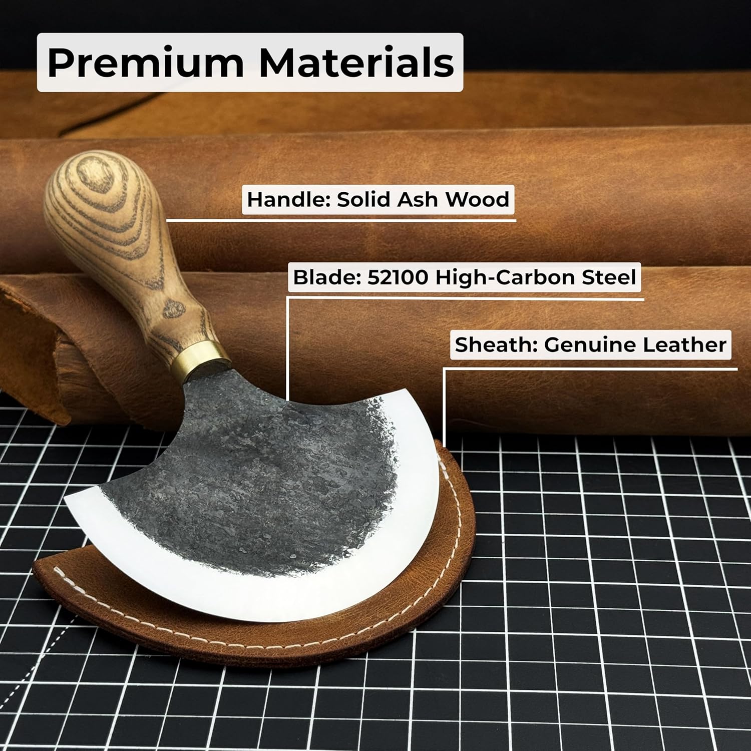 Sharky Leather Round Knife 4.1 in (10.5 cm) – Half Moon Head Knife for Leather – Carbon Steel Blade with Ash Wood Handle – Cutting Tools for Working – Handmade in Ukraine (With Sheath)