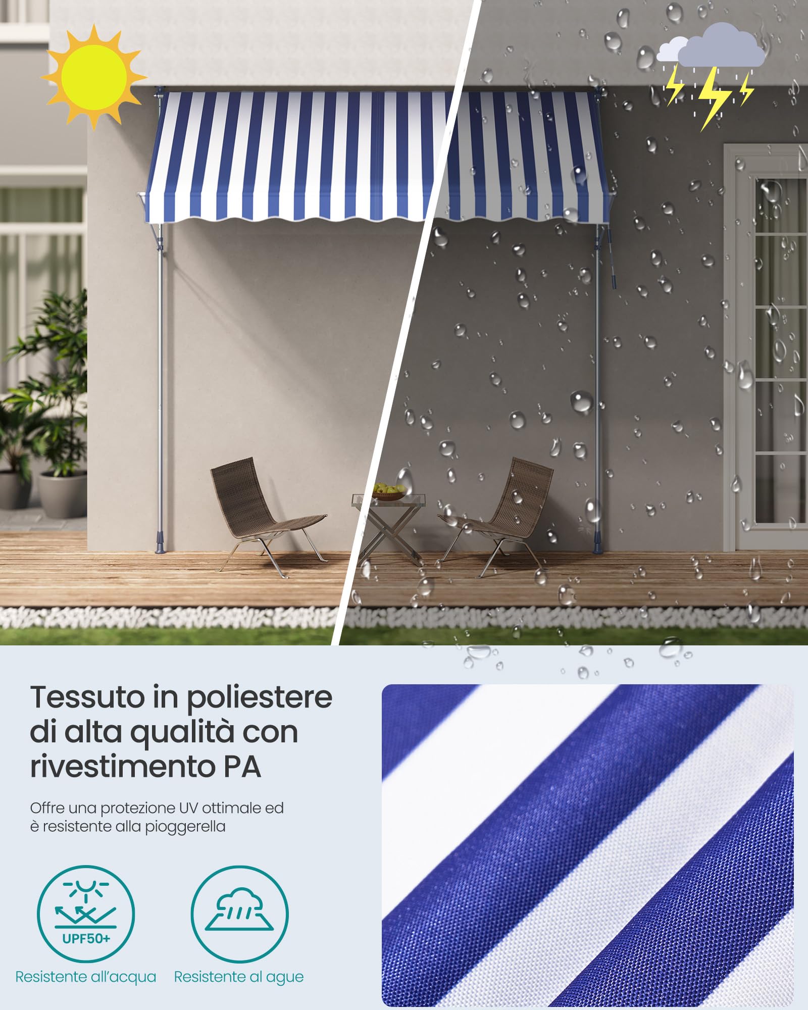 SONGMICS Tenda da Sole Avvolgibile, Tendalino Parasole Retrattile Manuale, Regolabile in Altezza con Manovella per Balcone Giardino Patio, 300 x 120 cm, Blu e Bianco GSA302QZ01